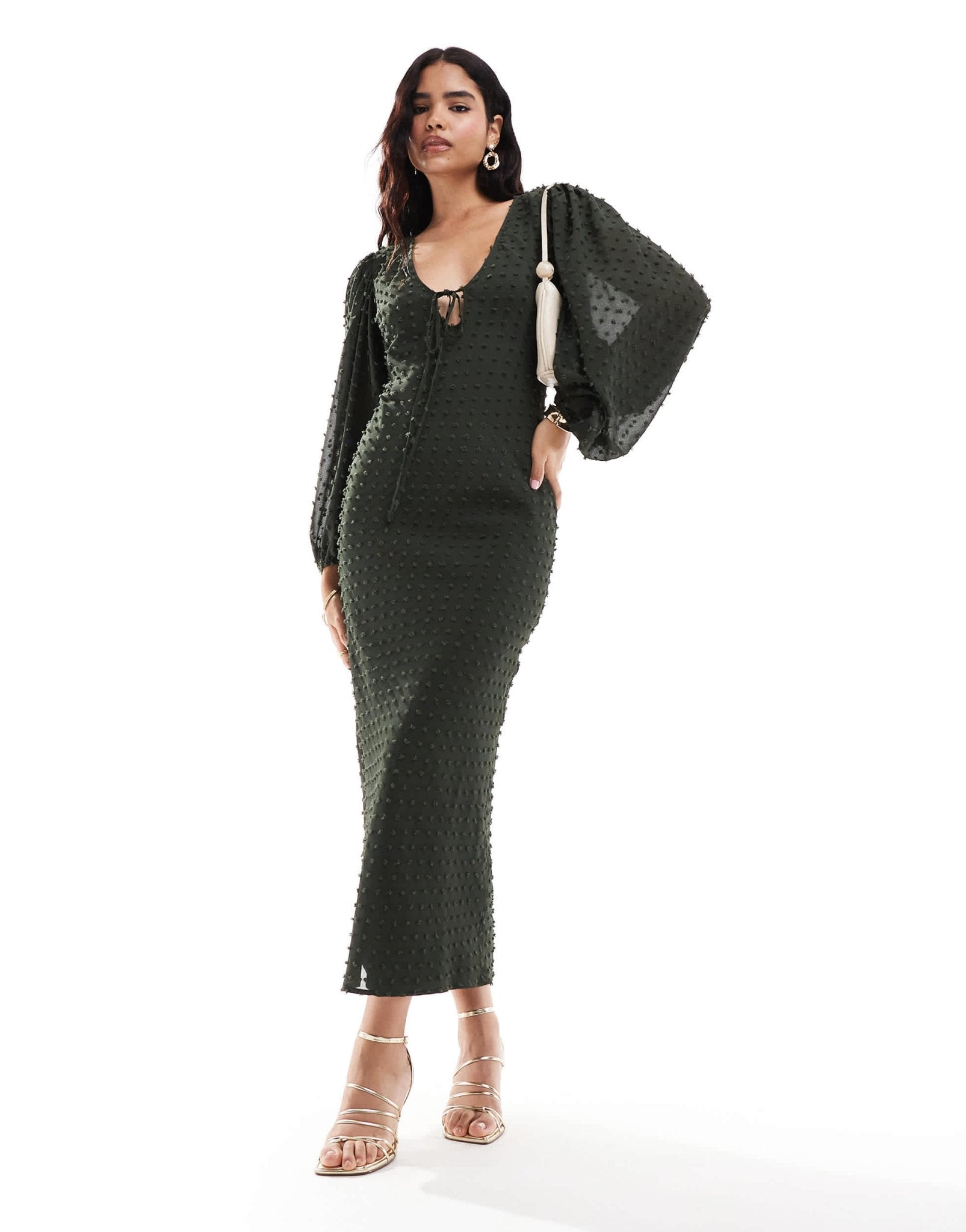 ASOS DESIGN dobby balloon sleeve midi dress in dark green - ASOS Sample Sale EU Store