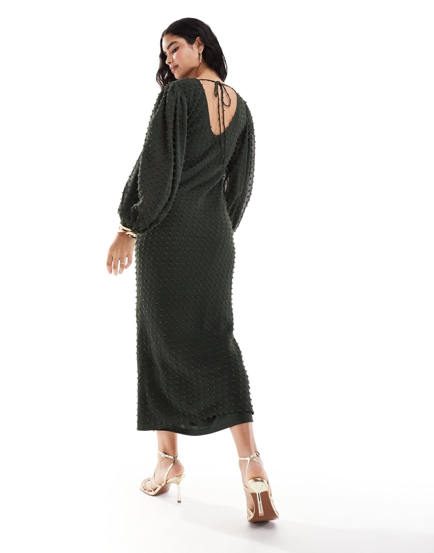 ASOS DESIGN dobby balloon sleeve midi dress in dark green - ASOS Sample Sale EU Store