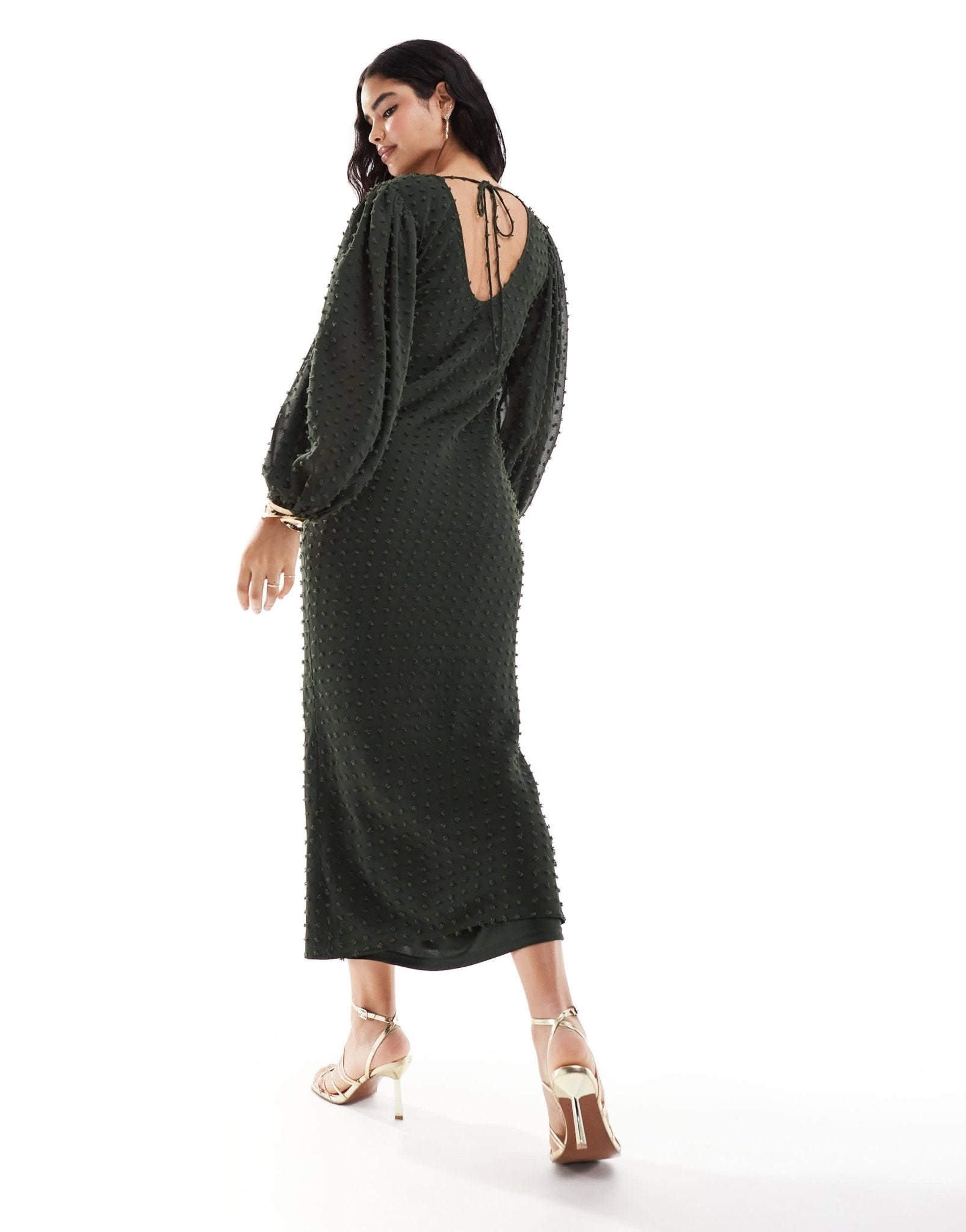 ASOS DESIGN dobby balloon sleeve midi dress in dark green - ASOS Sample Sale EU Store