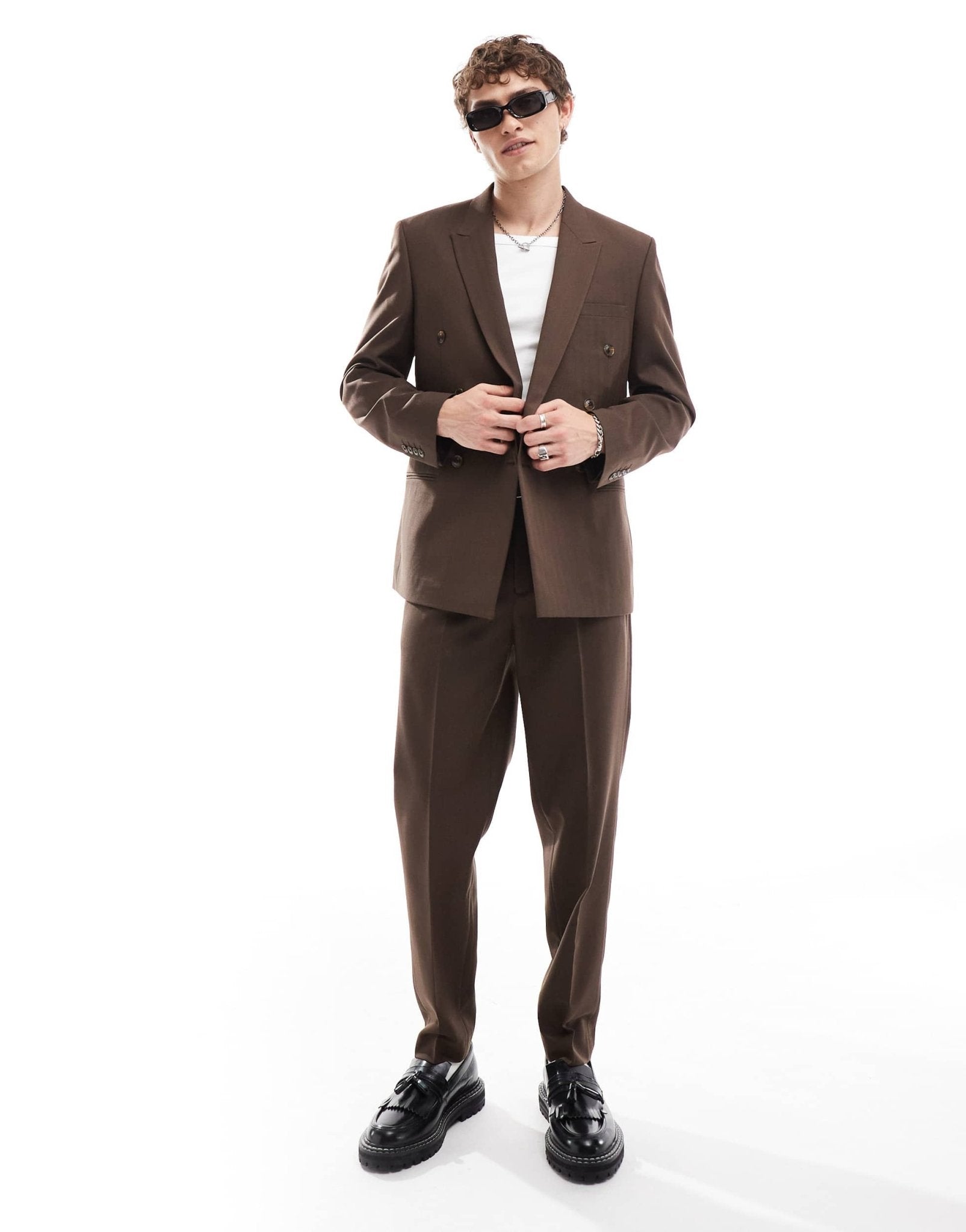 ASOS DESIGN double breasted herringbone suit jacket in brown - ASOS Sample Sale EU Store