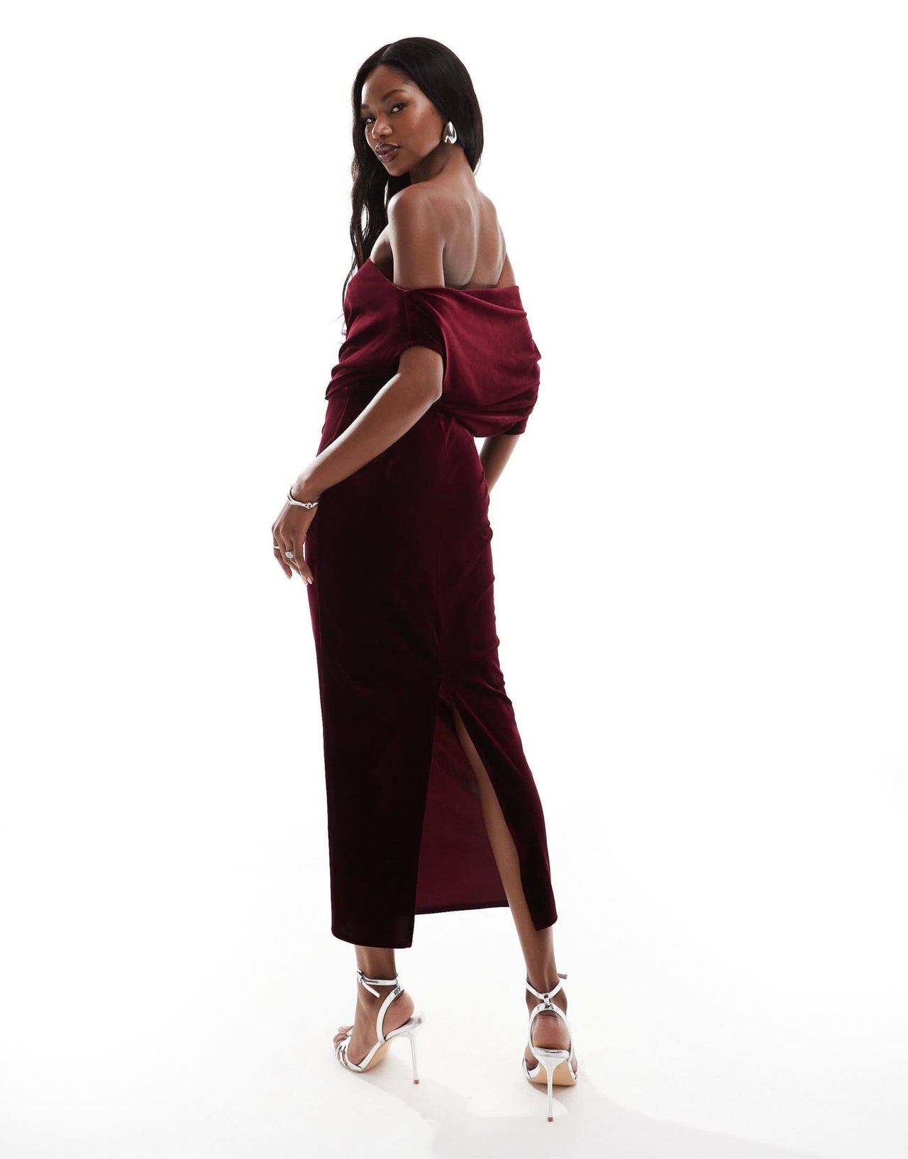 ASOS DESIGN dramatic neckline velvet midi dress in burgundy - ASOS Sample Sale EU Store