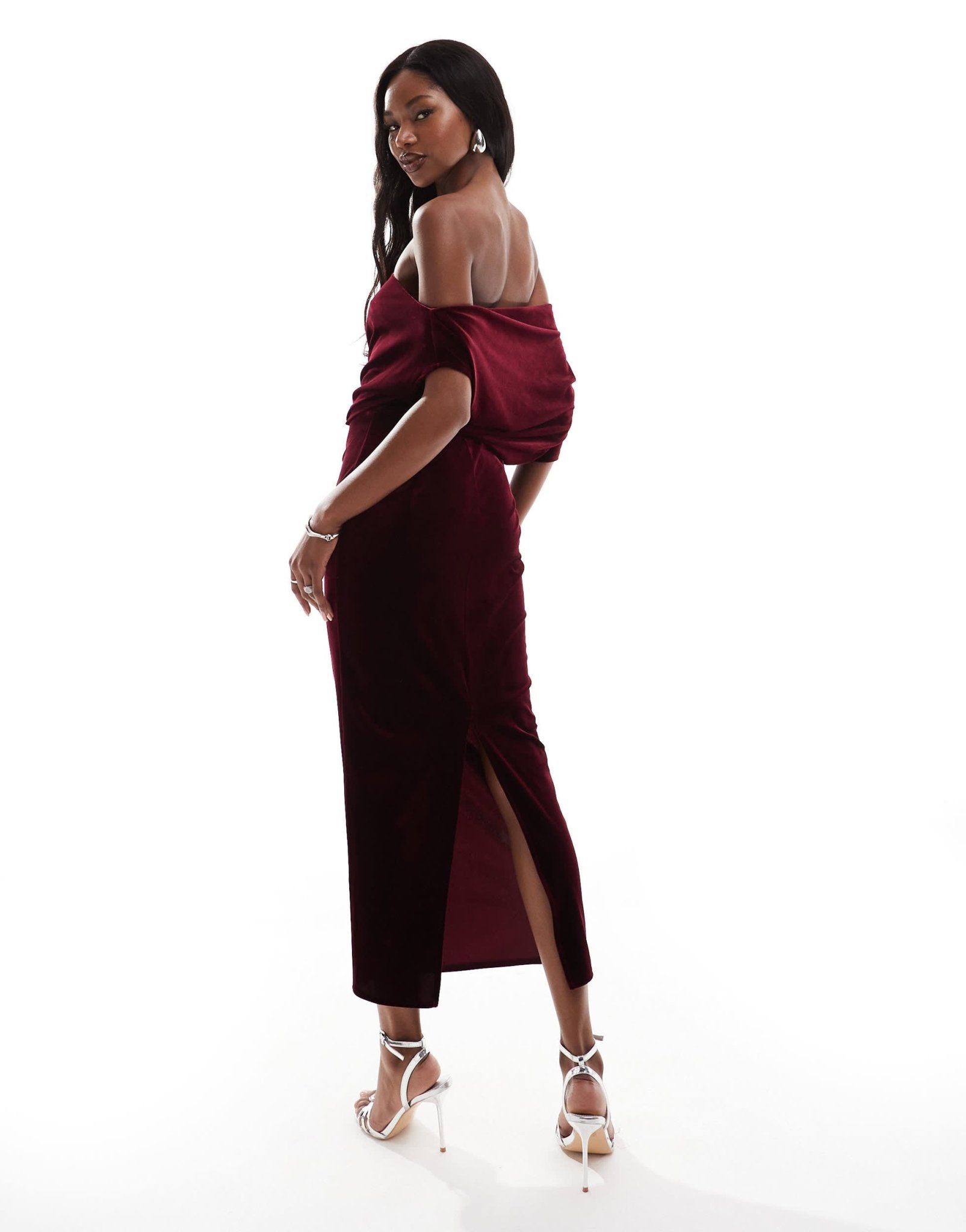 ASOS DESIGN dramatic neckline velvet midi dress in burgundy - ASOS Sample Sale EU Store