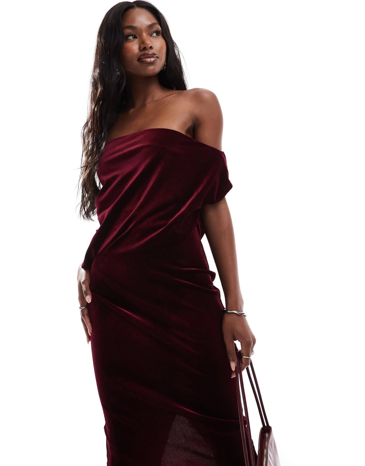 ASOS DESIGN dramatic neckline velvet midi dress in burgundy - ASOS Sample Sale EU Store