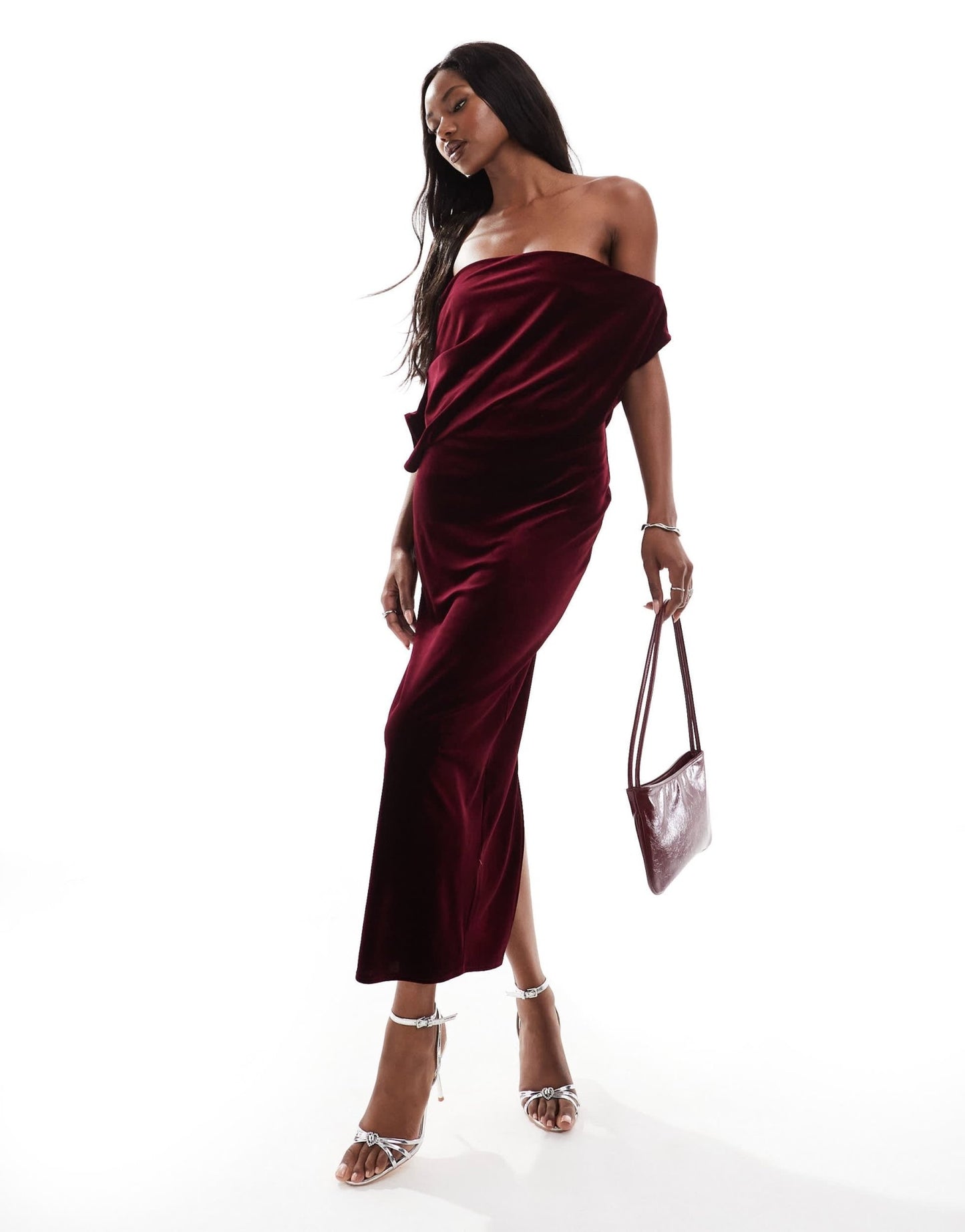 ASOS DESIGN dramatic neckline velvet midi dress in burgundy - ASOS Sample Sale EU Store