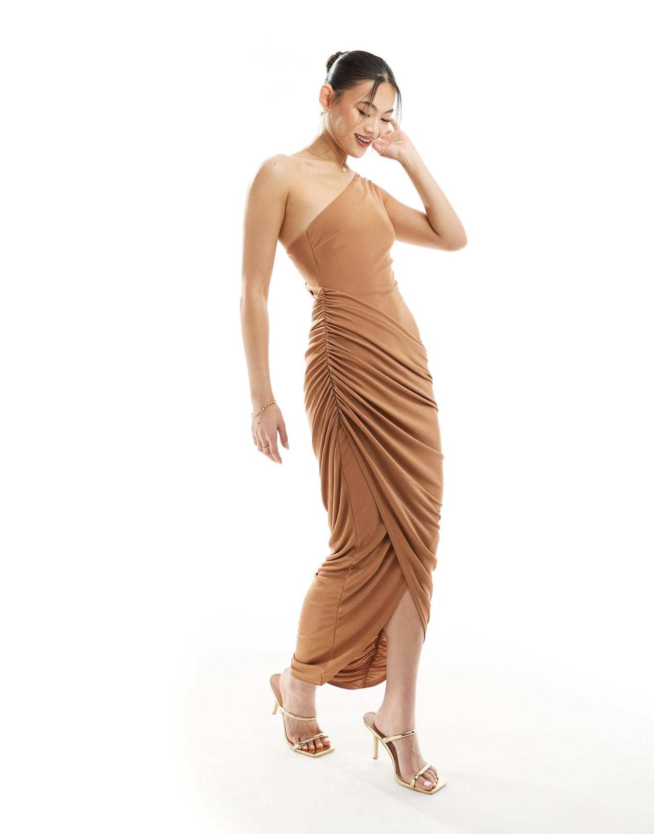 ASOS DESIGN draped one shoulder midi dress in biscuit - ASOS Sample Sale EU Store