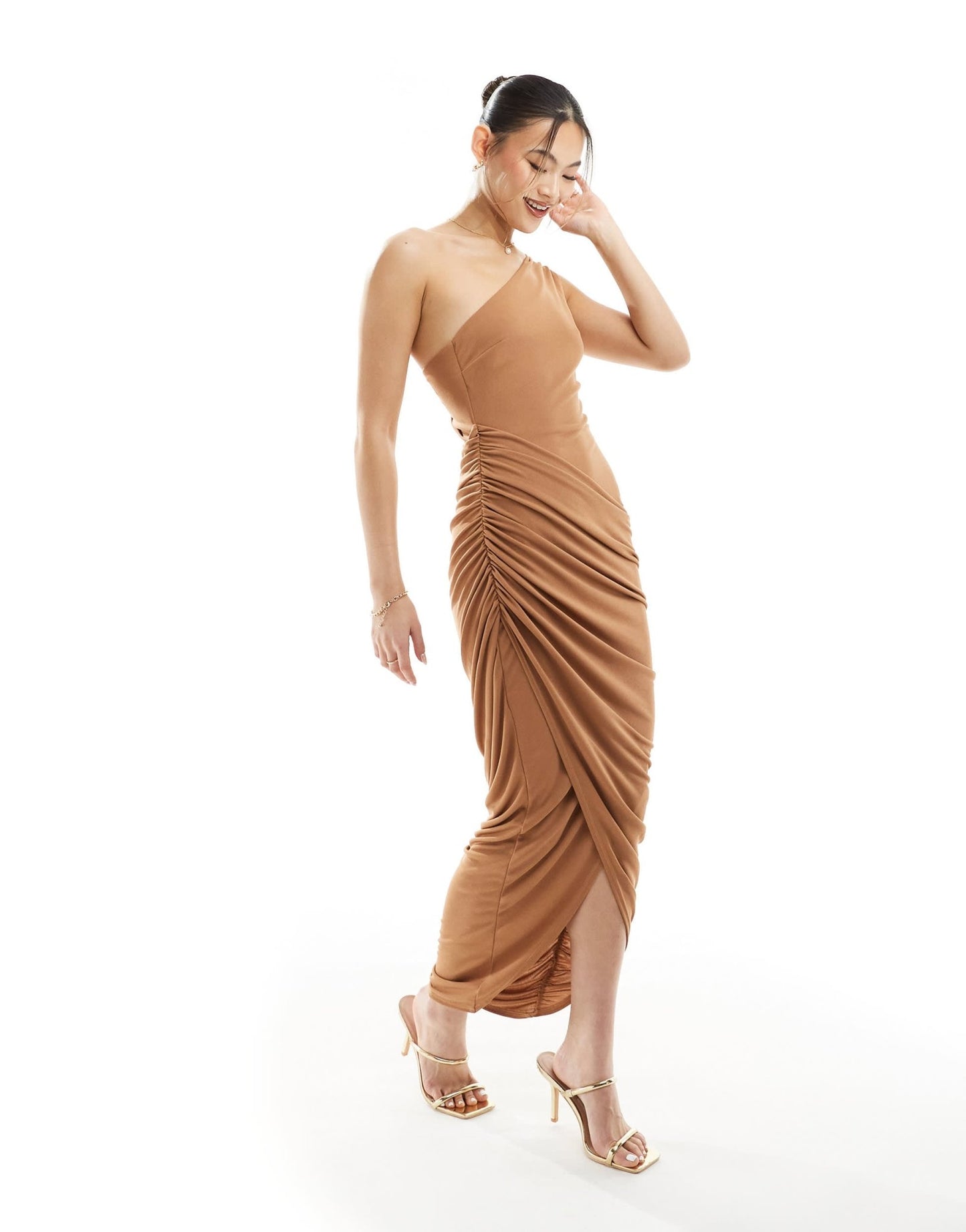 ASOS DESIGN draped one shoulder midi dress in biscuit - ASOS Sample Sale EU Store