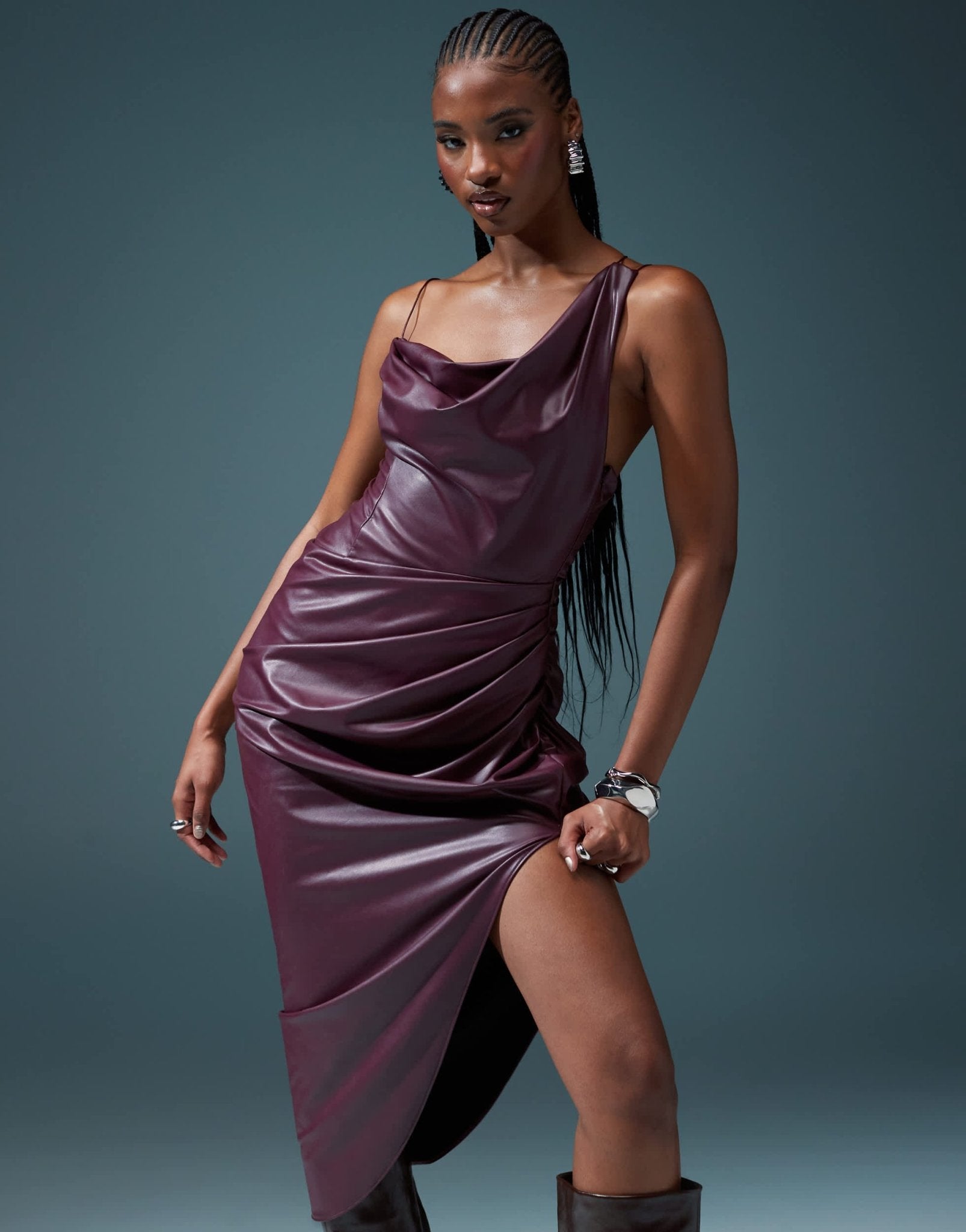 ASOS DESIGN draped one shoulder PU cami wrap midi dress in burgundy - ASOS Sample Sale EU Store