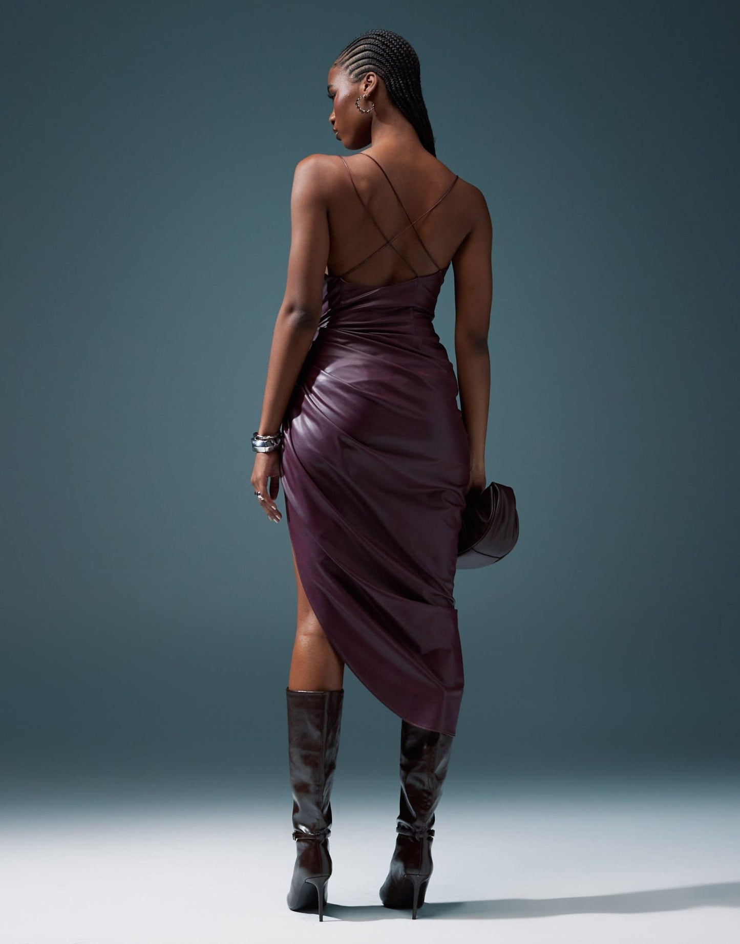 ASOS DESIGN draped one shoulder PU cami wrap midi dress in burgundy - ASOS Sample Sale EU Store