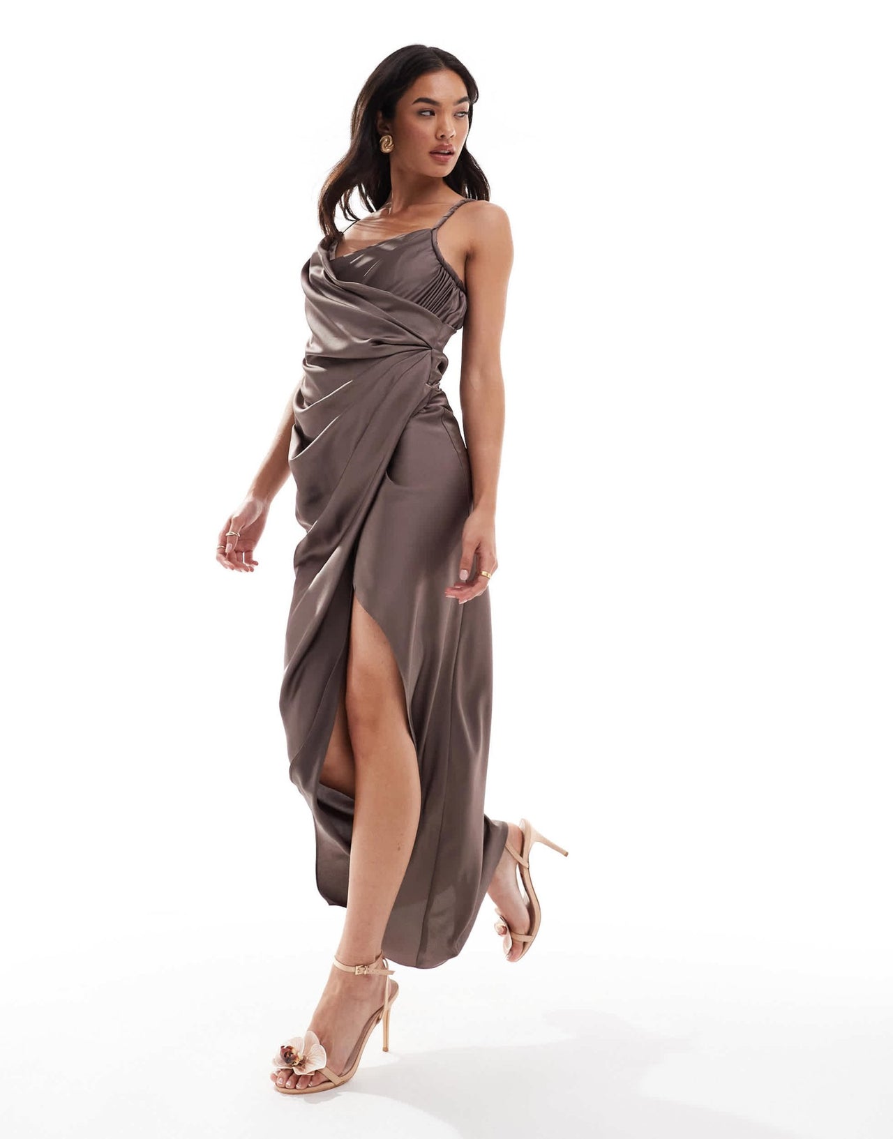 ASOS DESIGN draped satin maxi dress with twisted strap detail in mocha - ASOS Sample Sale EU Store