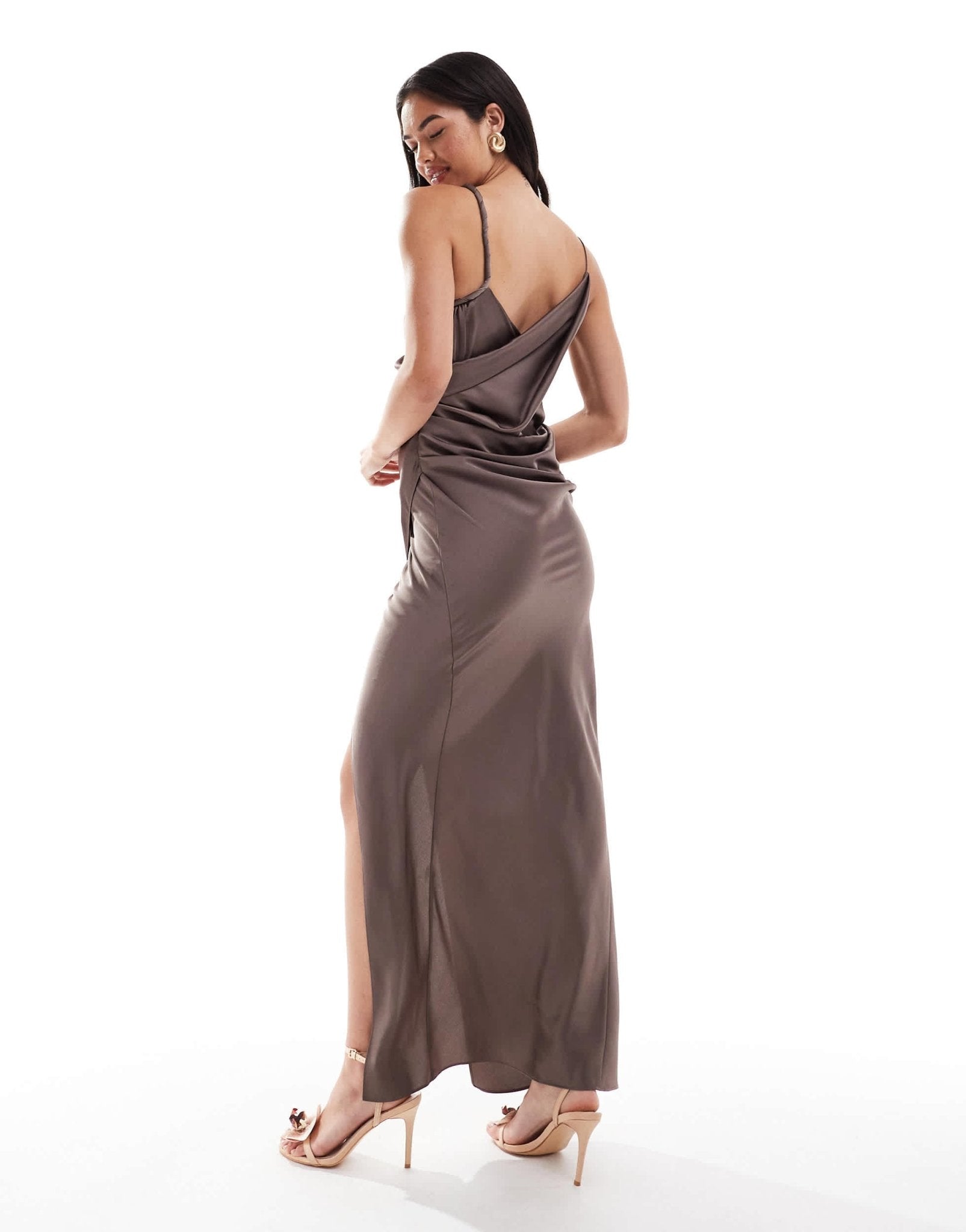 ASOS DESIGN draped satin maxi dress with twisted strap detail in mocha - ASOS Sample Sale EU Store