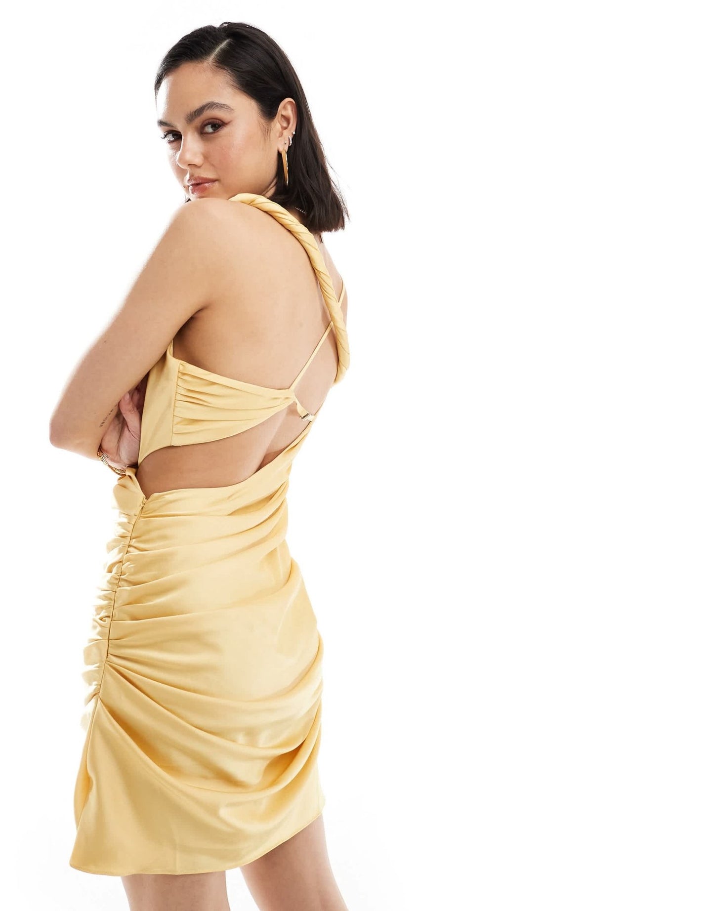 ASOS DESIGN draped twist shoulder mini dress in gold - ASOS Sample Sale EU Store