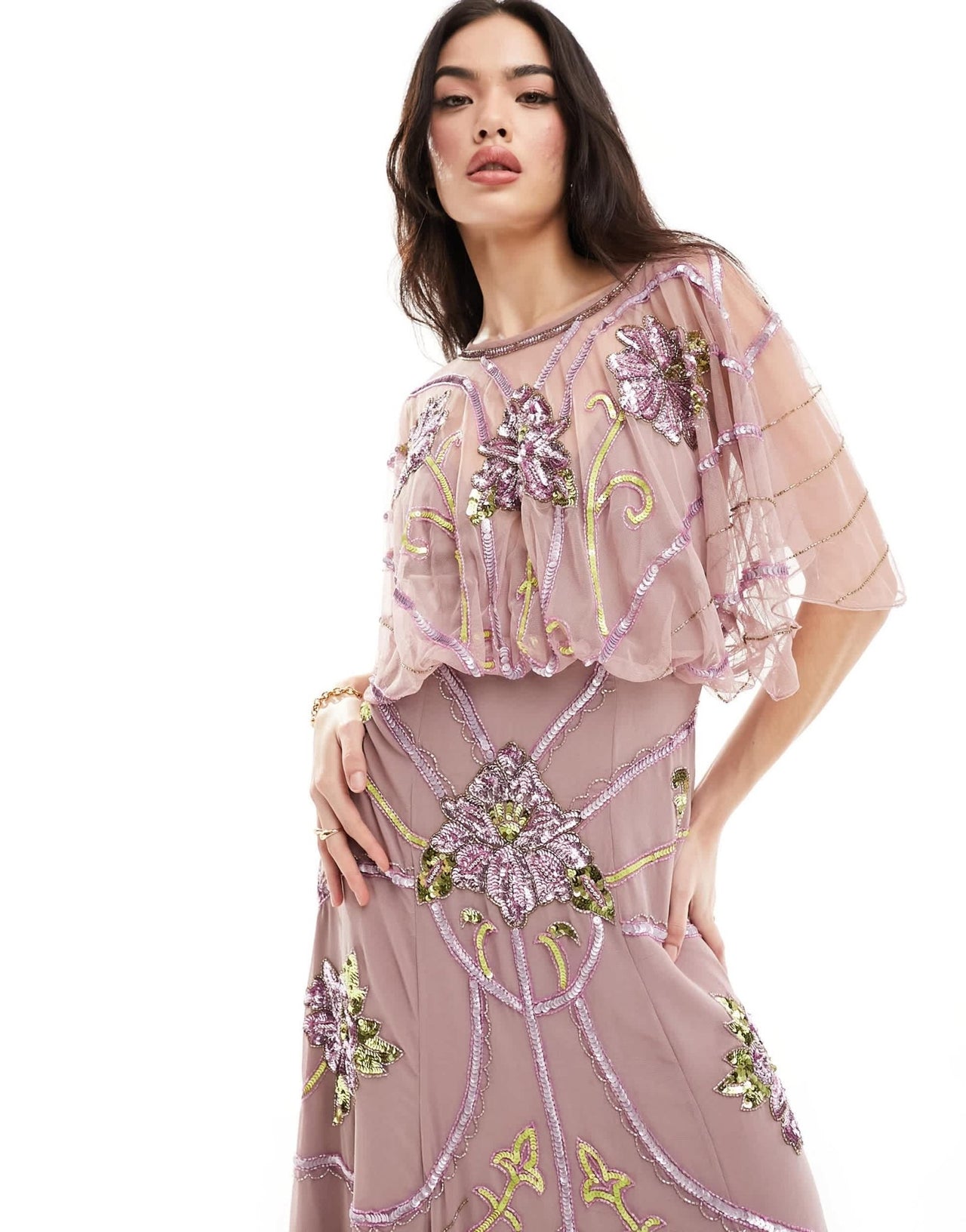ASOS DESIGN embellished batwing maxi dress with floral artwork in pink - ASOS Sample Sale EU Store