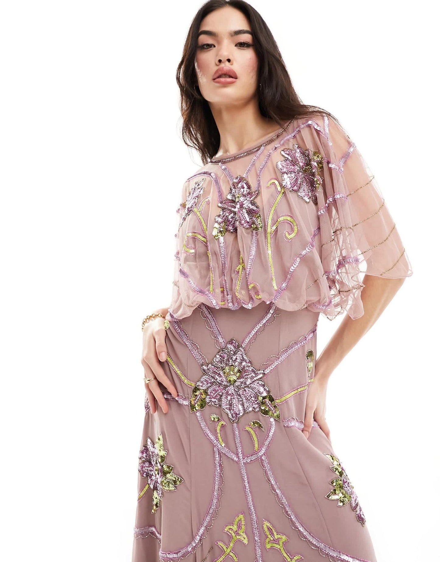 ASOS DESIGN embellished batwing maxi dress with floral artwork in pink - ASOS Sample Sale EU Store