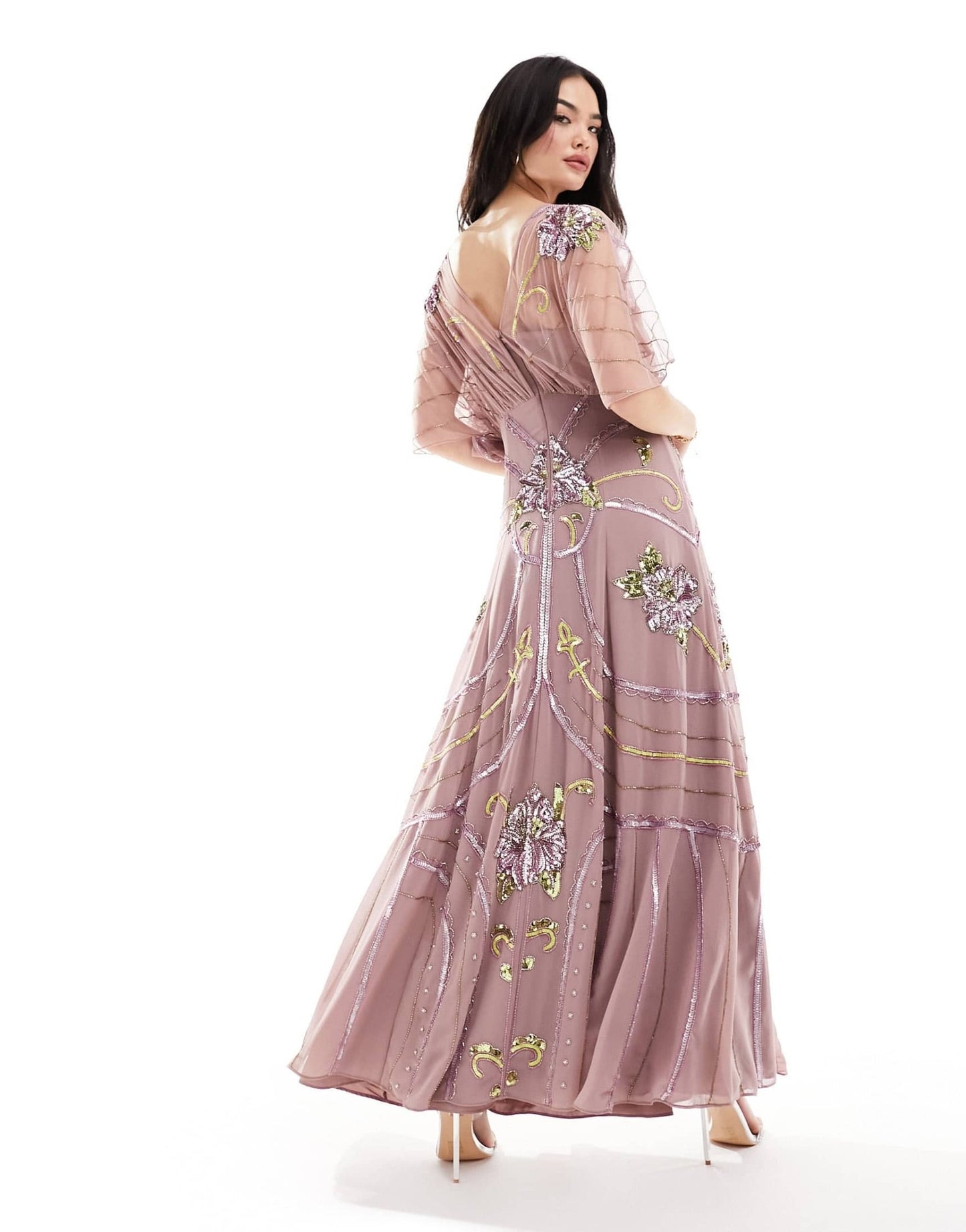 ASOS DESIGN embellished batwing maxi dress with floral artwork in pink - ASOS Sample Sale EU Store