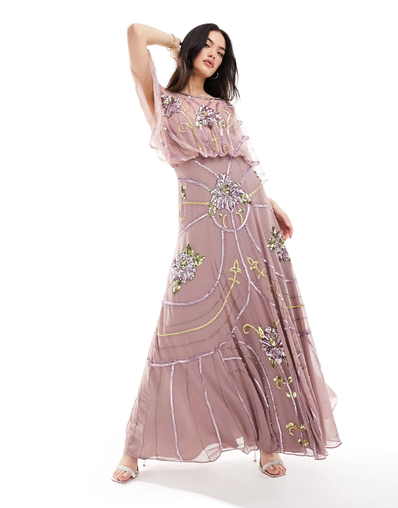 ASOS DESIGN embellished batwing maxi dress with floral artwork in pink - ASOS Sample Sale EU Store