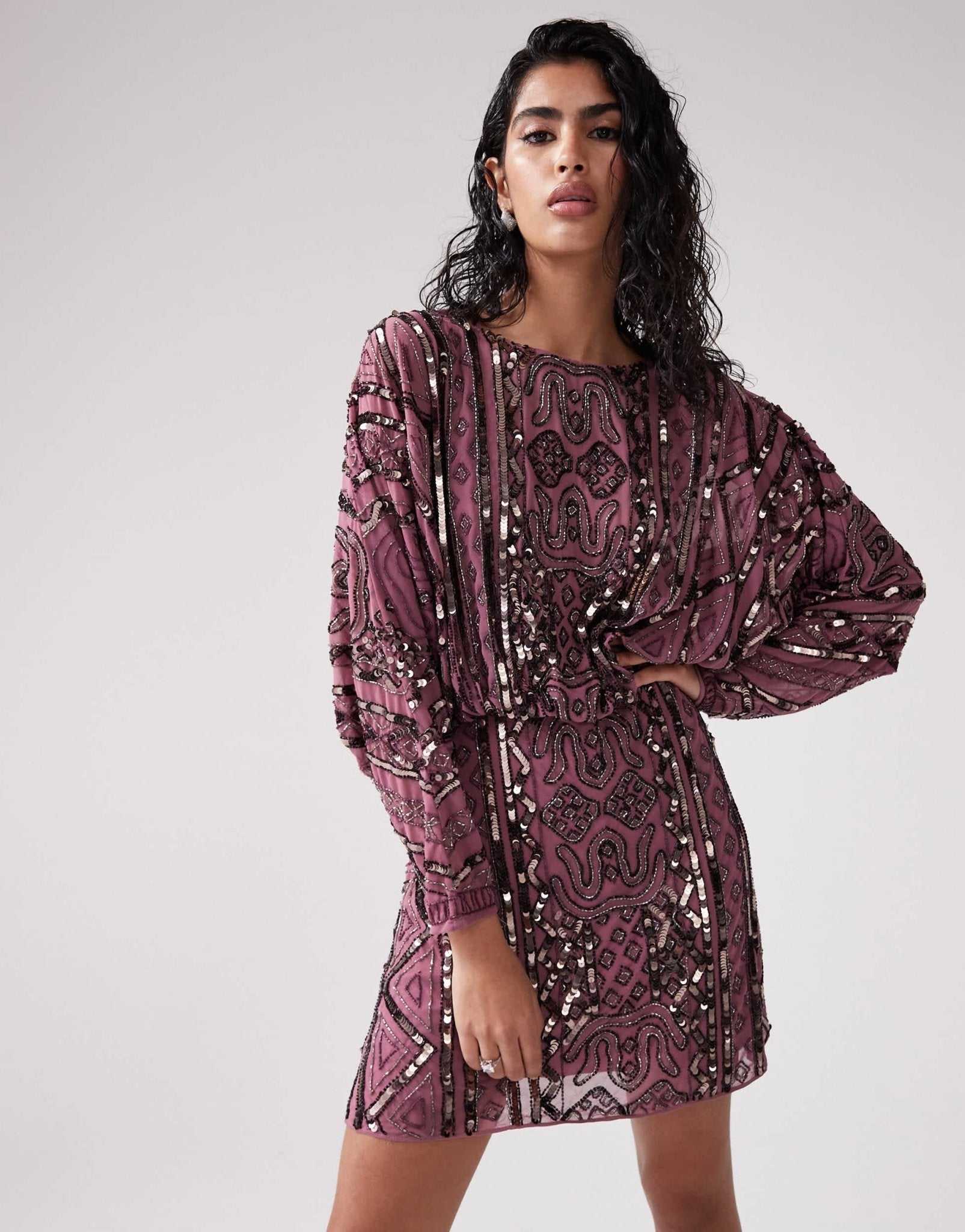 ASOS DESIGN embellished batwing mini dress in mauve - ASOS Sample Sale EU Store