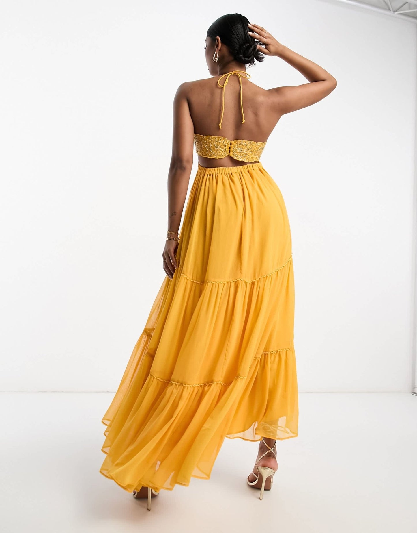 ASOS DESIGN embellished bodice tiered maxi dress with hi low hem and open back in mustard - ASOS Sample Sale EU Store