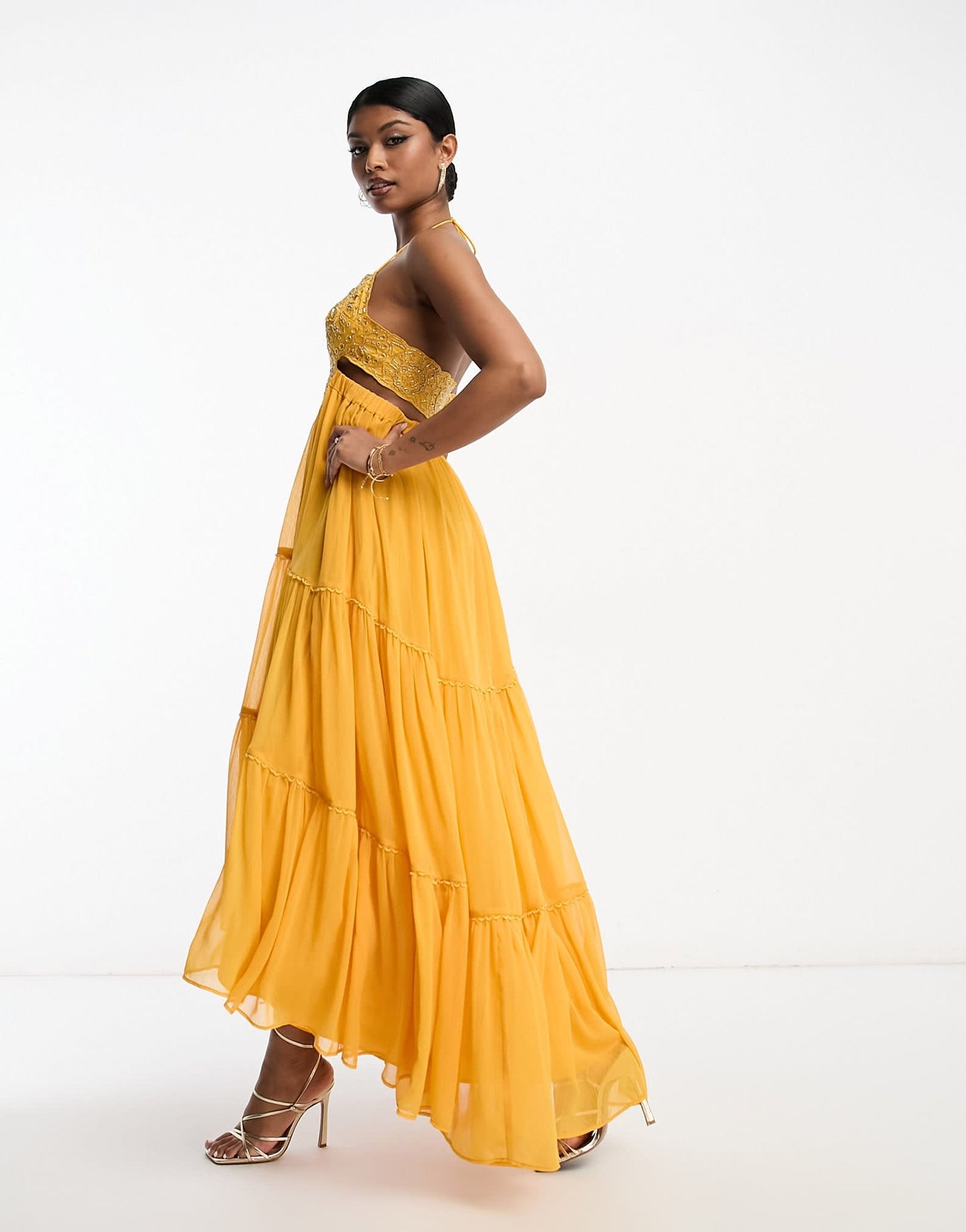 ASOS DESIGN embellished bodice tiered maxi dress with hi low hem and open back in mustard - ASOS Sample Sale EU Store