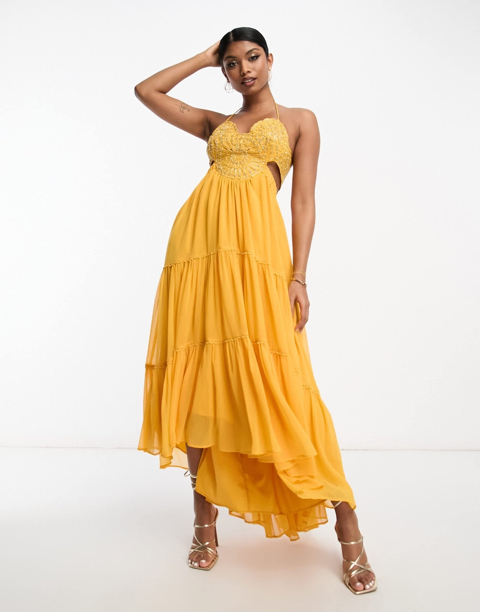 ASOS DESIGN embellished bodice tiered maxi dress with hi low hem and open back in mustard - ASOS Sample Sale EU Store