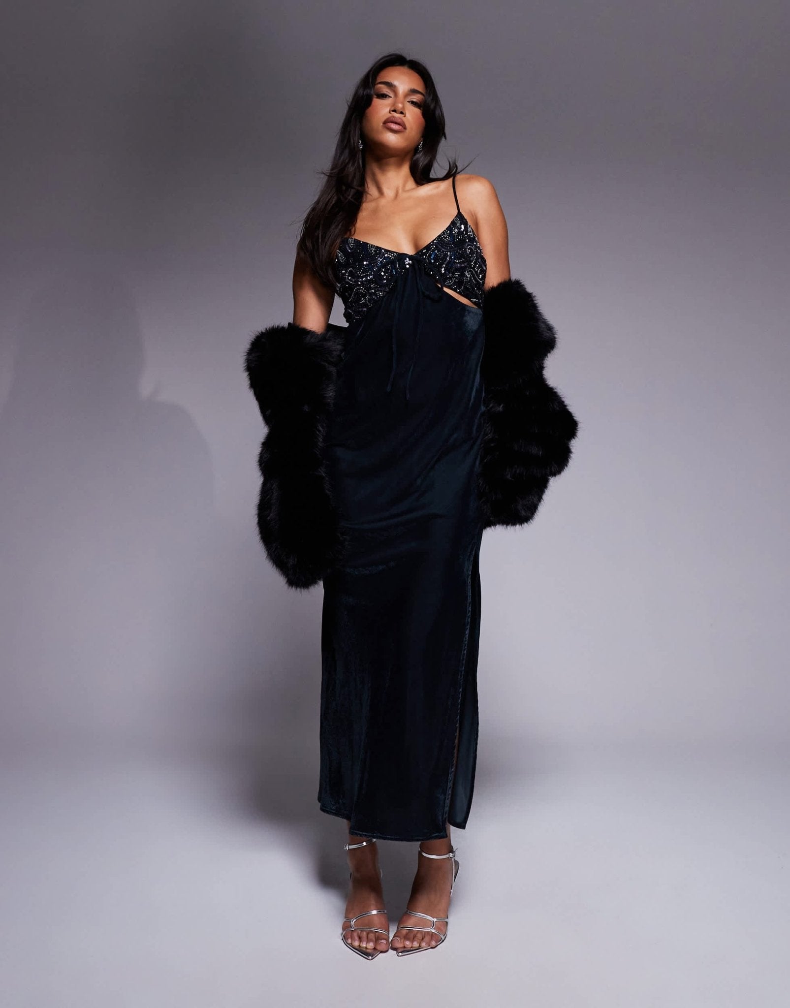 ASOS DESIGN embellished bust velvet maxi dress with cut outs in midnight blue - ASOS Sample Sale EU Store