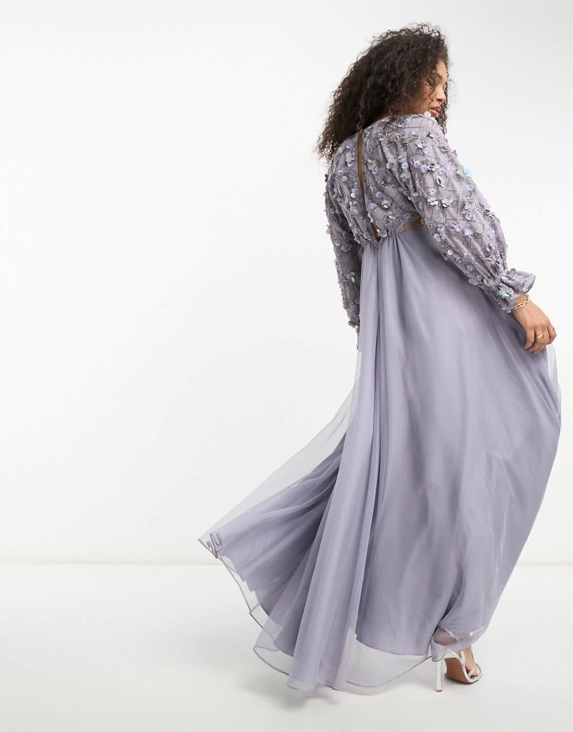 ASOS DESIGN embellished wrap front tulle skirt midaxi dress with floral detail in lilac - ASOS Sample Sale EU Store