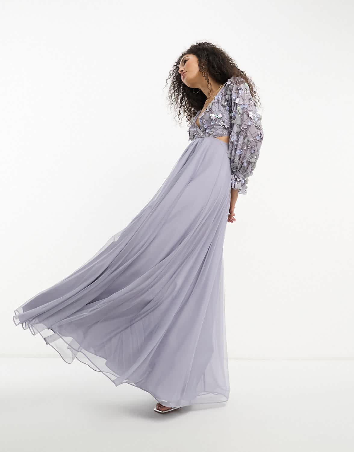 ASOS DESIGN embellished wrap front tulle skirt midaxi dress with floral detail in lilac - ASOS Sample Sale EU Store