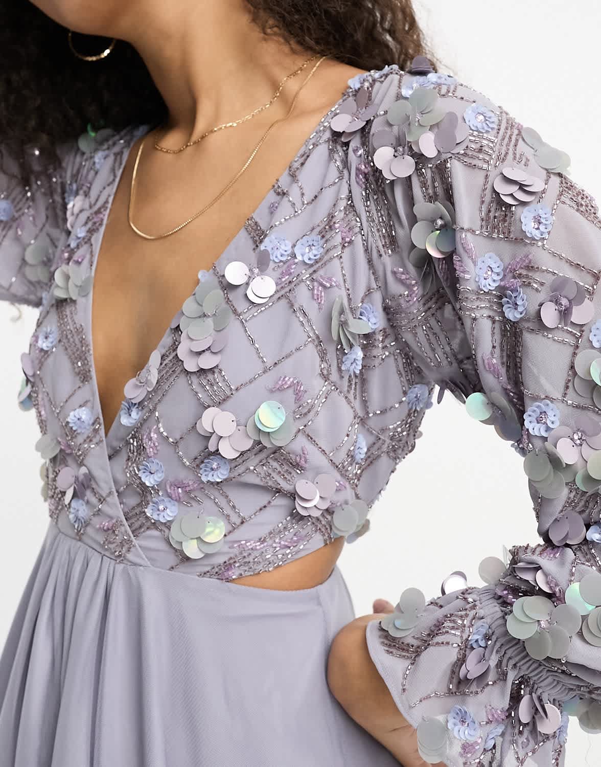 ASOS DESIGN embellished wrap front tulle skirt midaxi dress with floral detail in lilac - ASOS Sample Sale EU Store