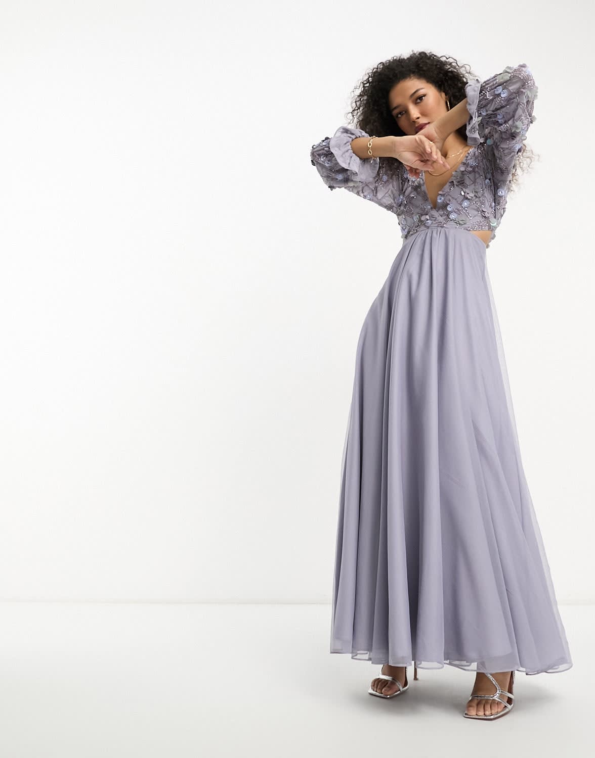 ASOS DESIGN embellished wrap front tulle skirt midaxi dress with floral detail in lilac - ASOS Sample Sale EU Store