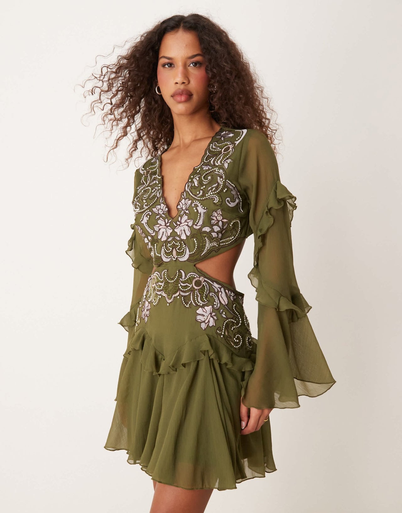 ASOS DESIGN embroidered applique ruffle mini dress with godets in khaki - ASOS Sample Sale EU Store