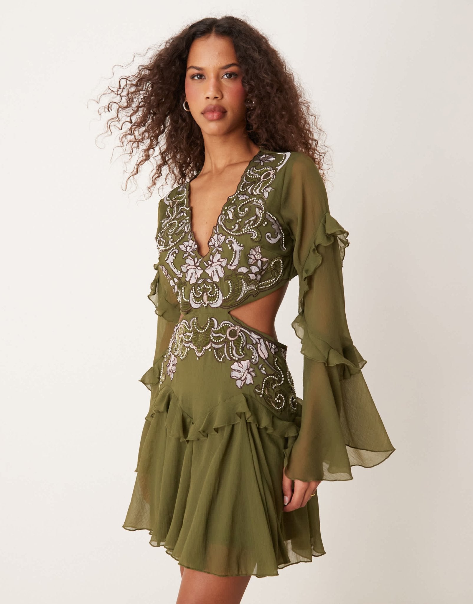 ASOS DESIGN embroidered applique ruffle mini dress with godets in khaki - ASOS Sample Sale EU Store