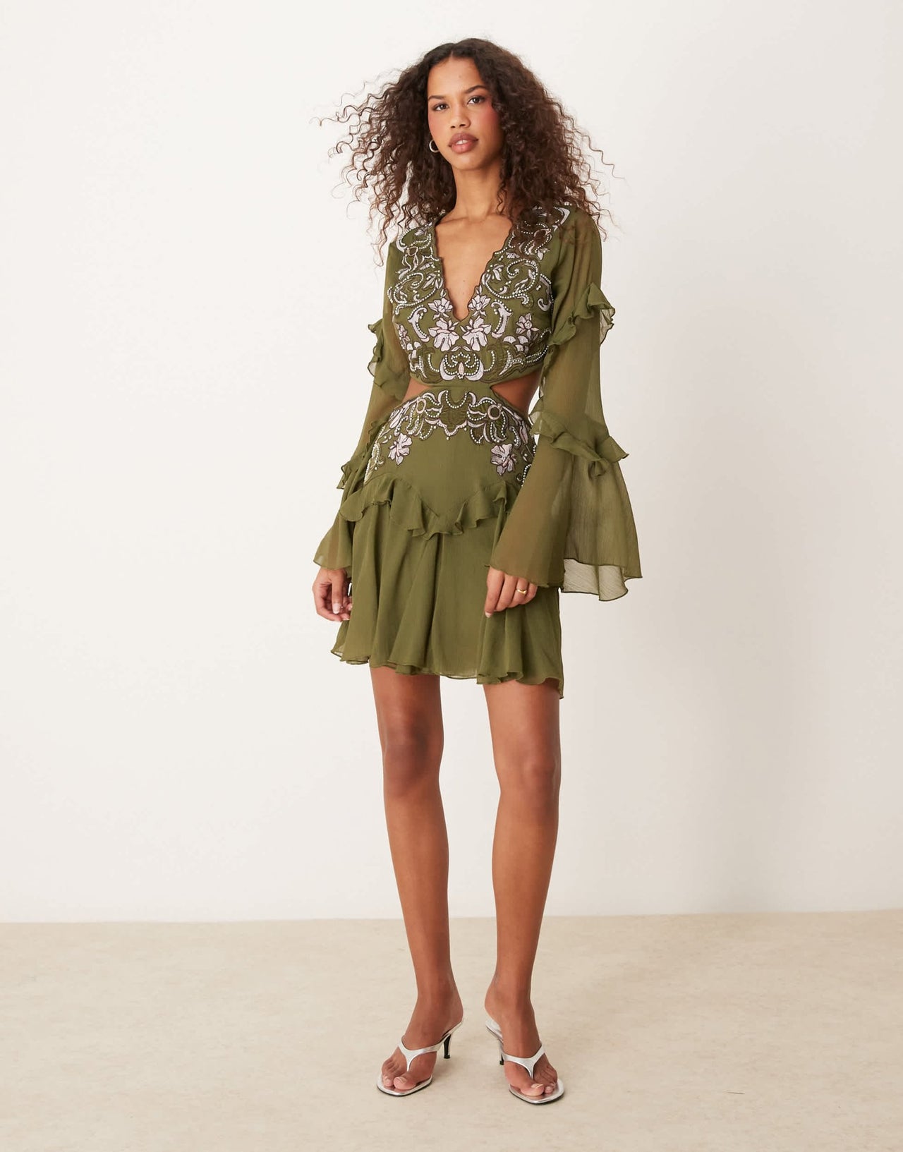 ASOS DESIGN embroidered applique ruffle mini dress with godets in khaki - ASOS Sample Sale EU Store