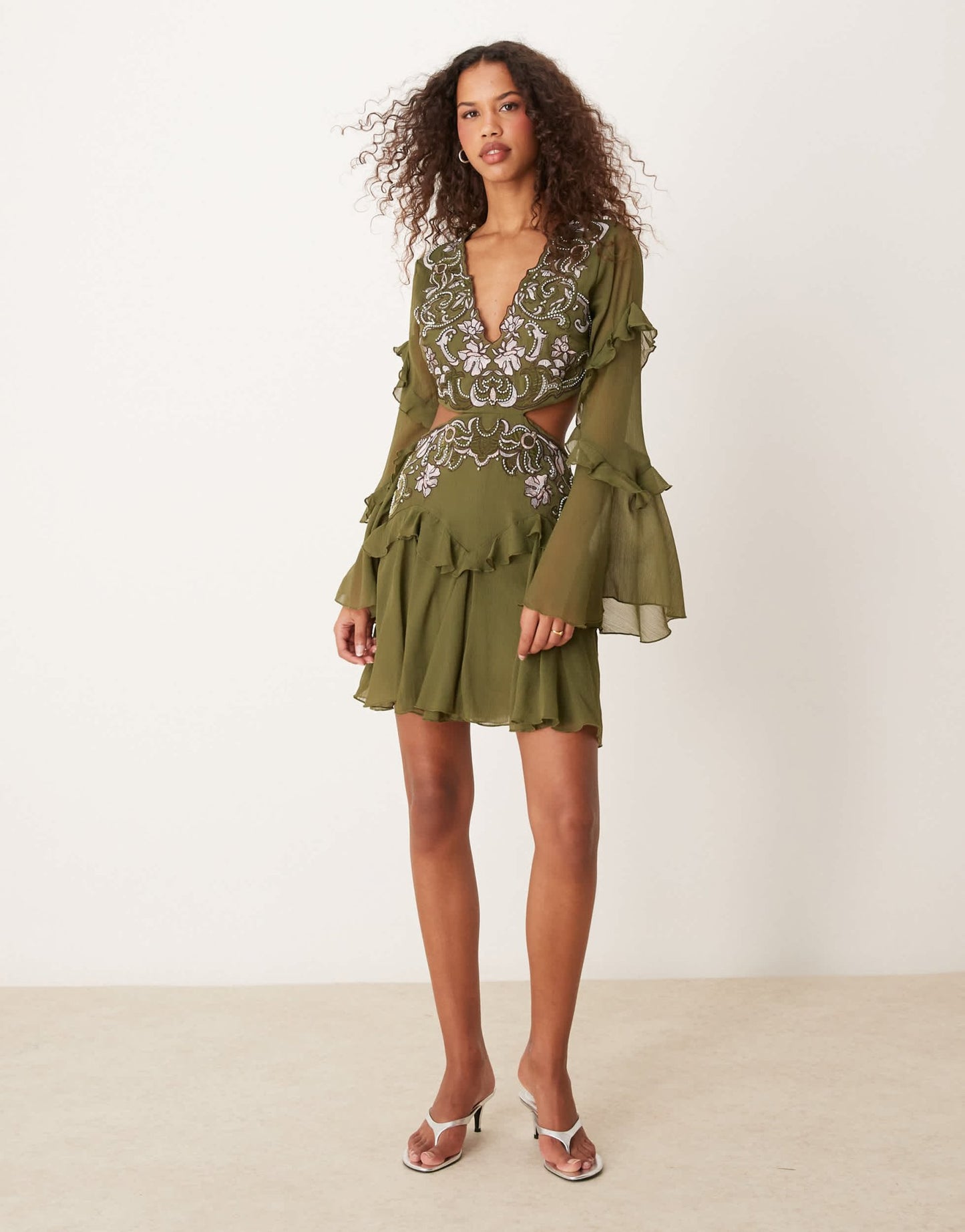 ASOS DESIGN embroidered applique ruffle mini dress with godets in khaki - ASOS Sample Sale EU Store