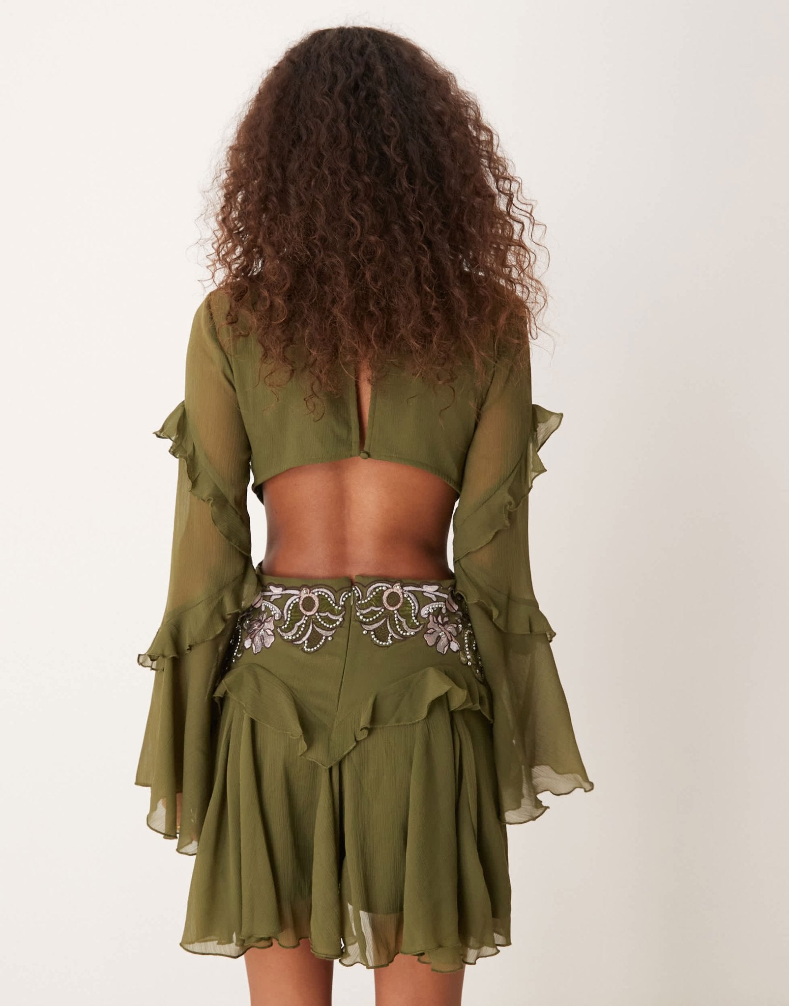 ASOS DESIGN embroidered applique ruffle mini dress with godets in khaki - ASOS Sample Sale EU Store