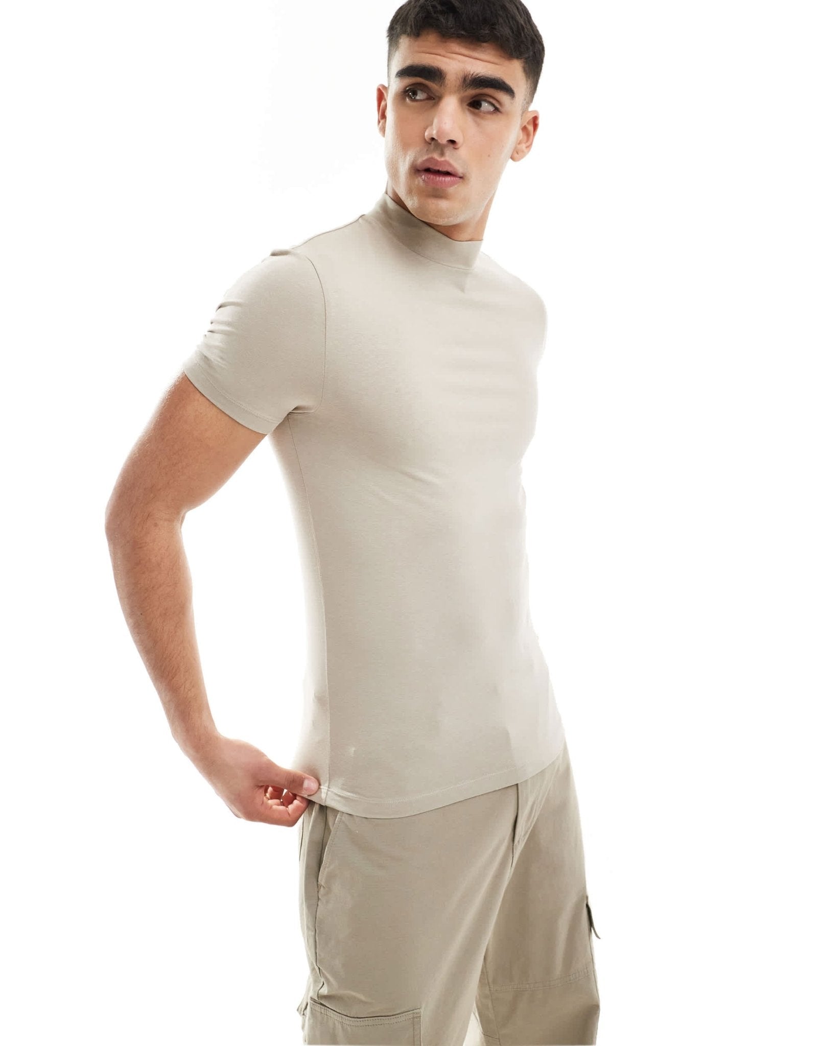 ASOS DESIGN essential muscle fit high neck t-shirt in stone - ASOS Sample Sale EU Store
