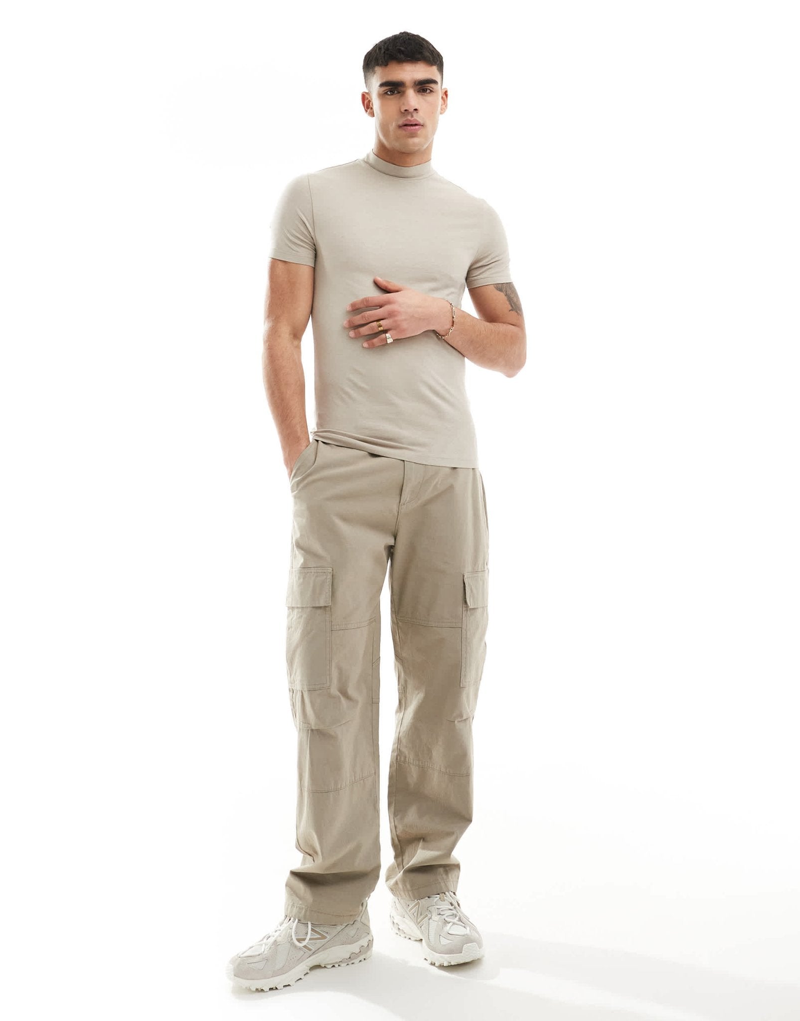 ASOS DESIGN essential muscle fit high neck t-shirt in stone - ASOS Sample Sale EU Store