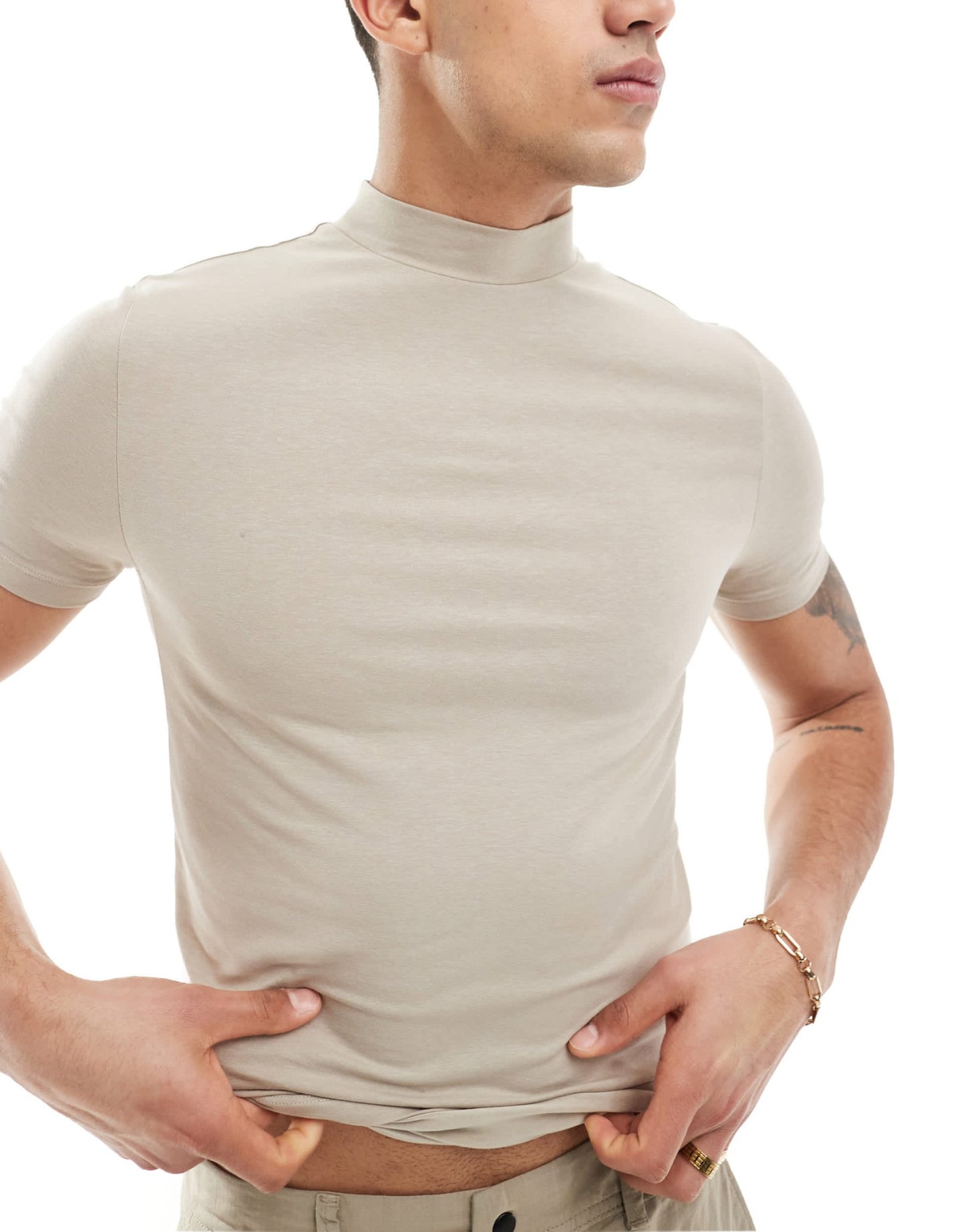 ASOS DESIGN essential muscle fit high neck t-shirt in stone - ASOS Sample Sale EU Store