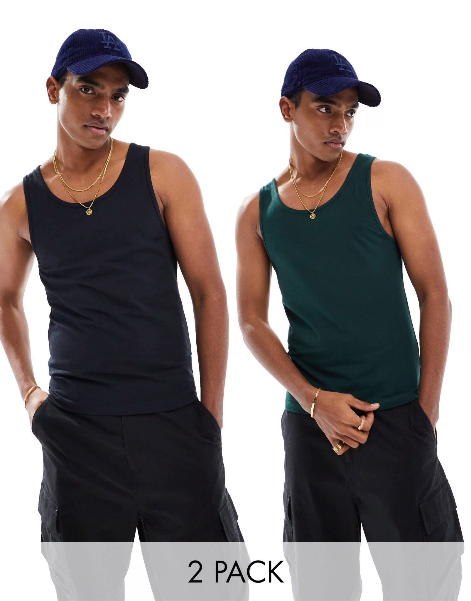 ASOS DESIGN essentials 2 pack muscle fit vests in black and dark green - ASOS Sample Sale EU Store