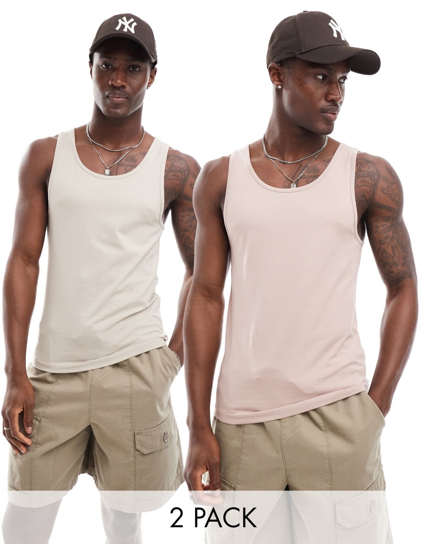 ASOS DESIGN essentials 2 pack muscle fit vests in pink and stone - ASOS Sample Sale EU Store