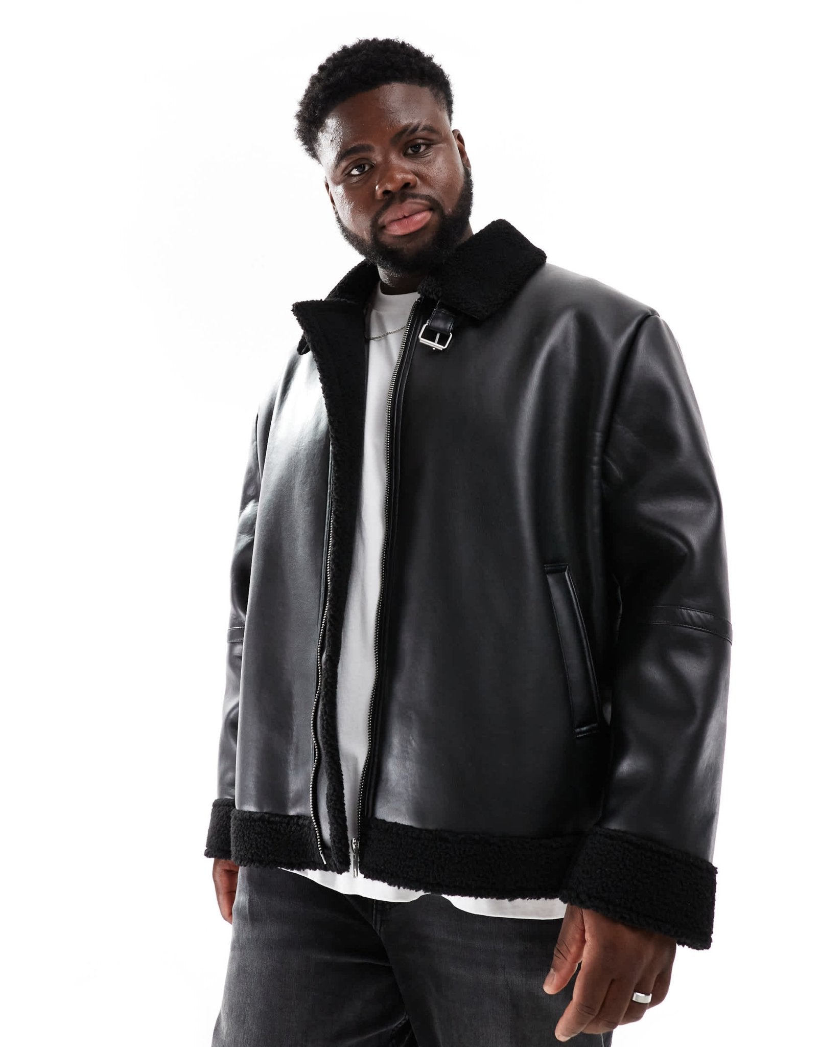 ASOS DESIGN faux leather aviator jacket with borg lining in black - ASOS Sample Sale EU Store