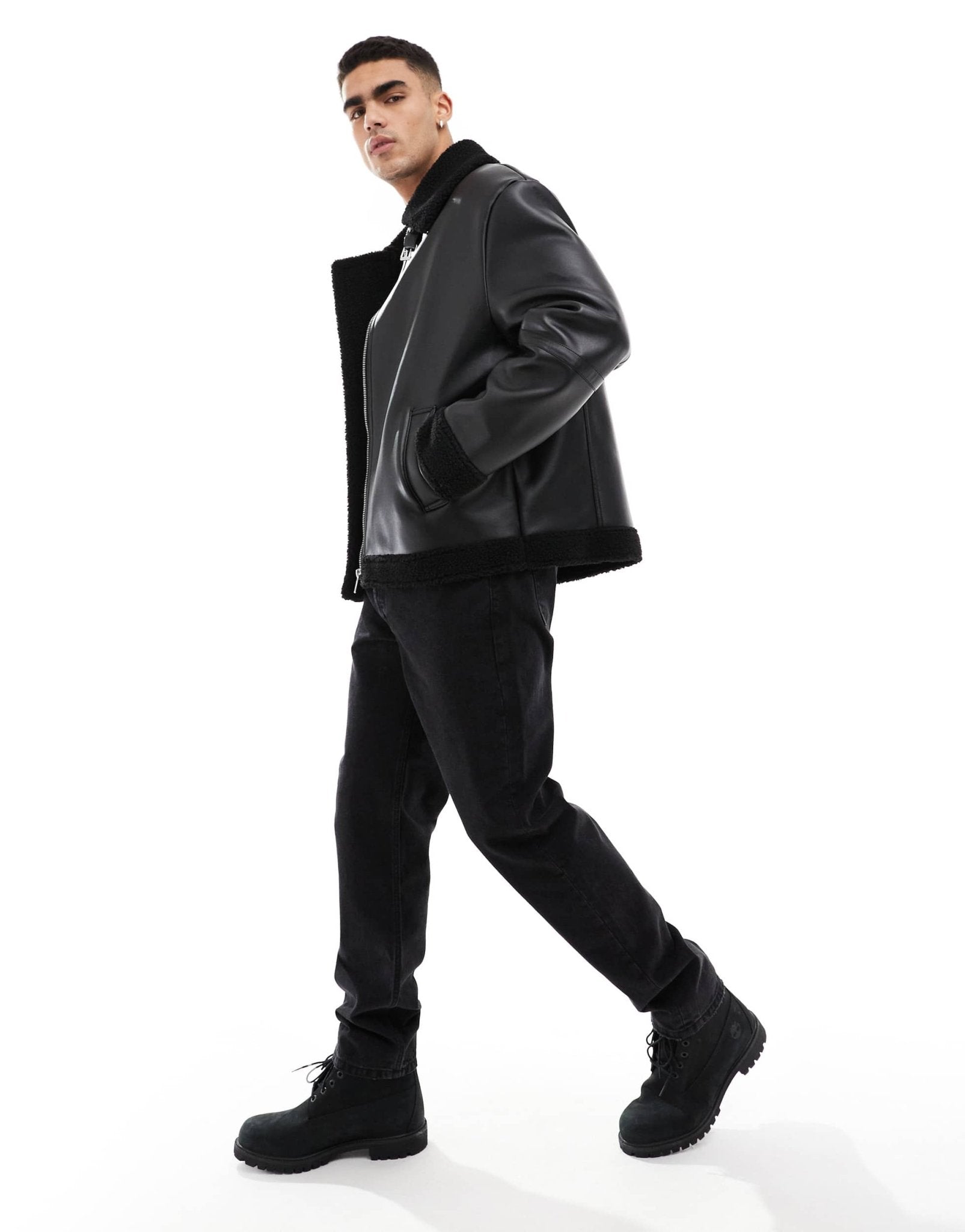 ASOS DESIGN faux leather aviator jacket with borg lining in black - ASOS Sample Sale EU Store