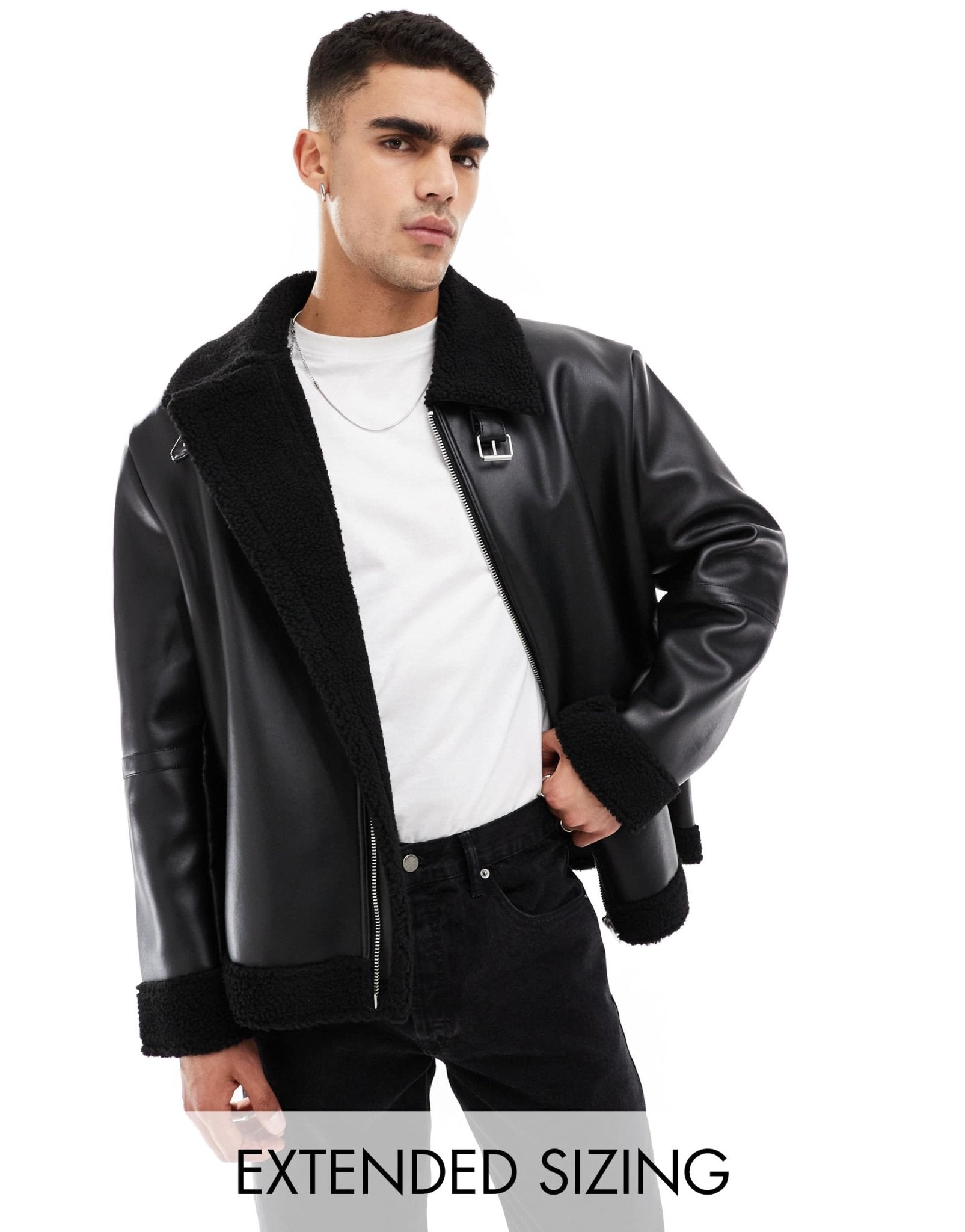 ASOS DESIGN faux leather aviator jacket with borg lining in black - ASOS Sample Sale EU Store
