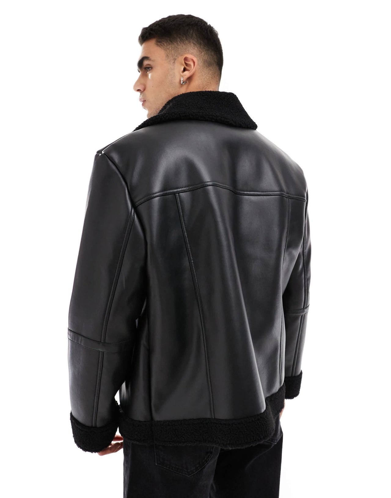 ASOS DESIGN faux leather aviator jacket with borg lining in black - ASOS Sample Sale EU Store