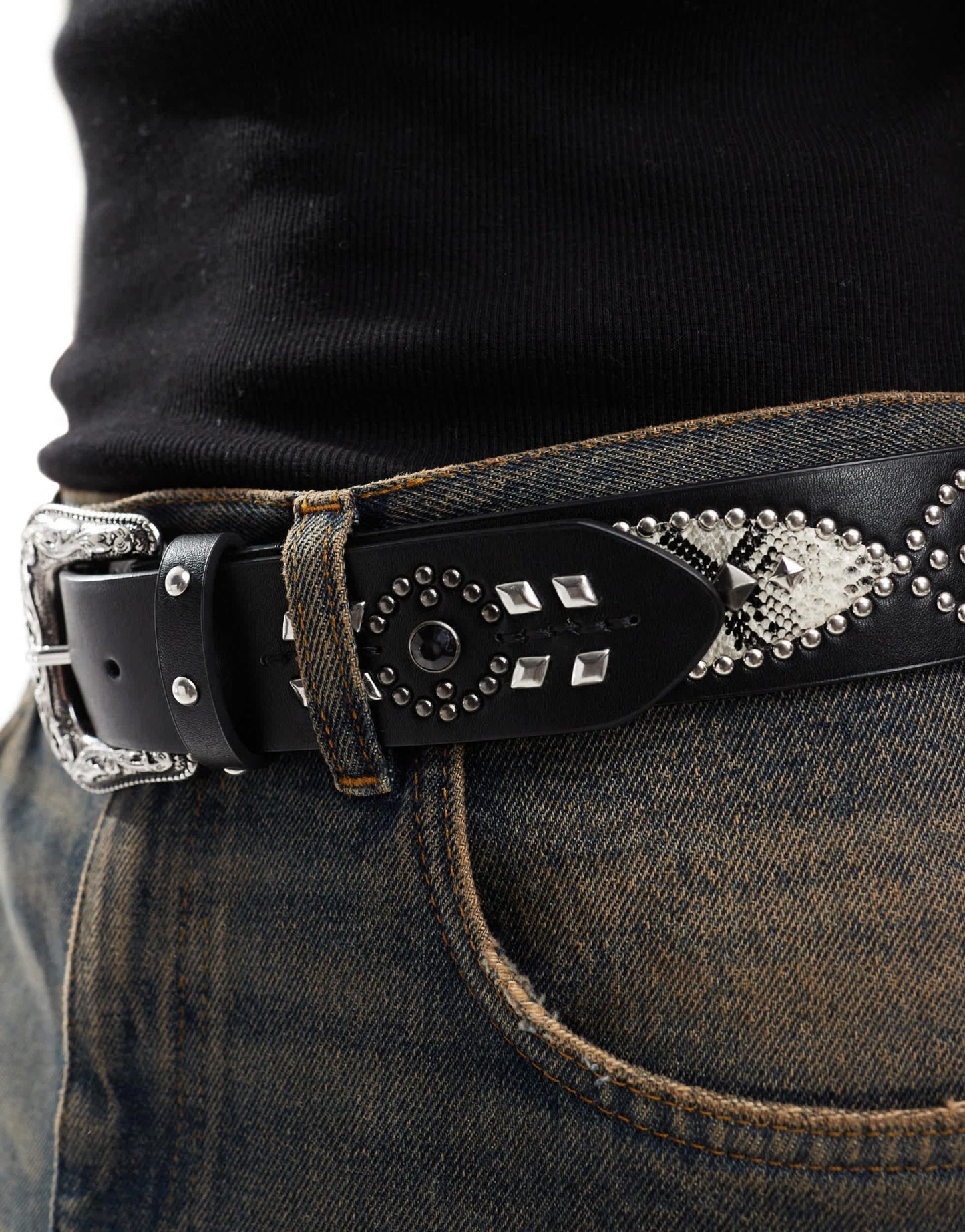 ASOS DESIGN faux leather belt with stud pattern and western buckle in black - ASOS Sample Sale EU Store