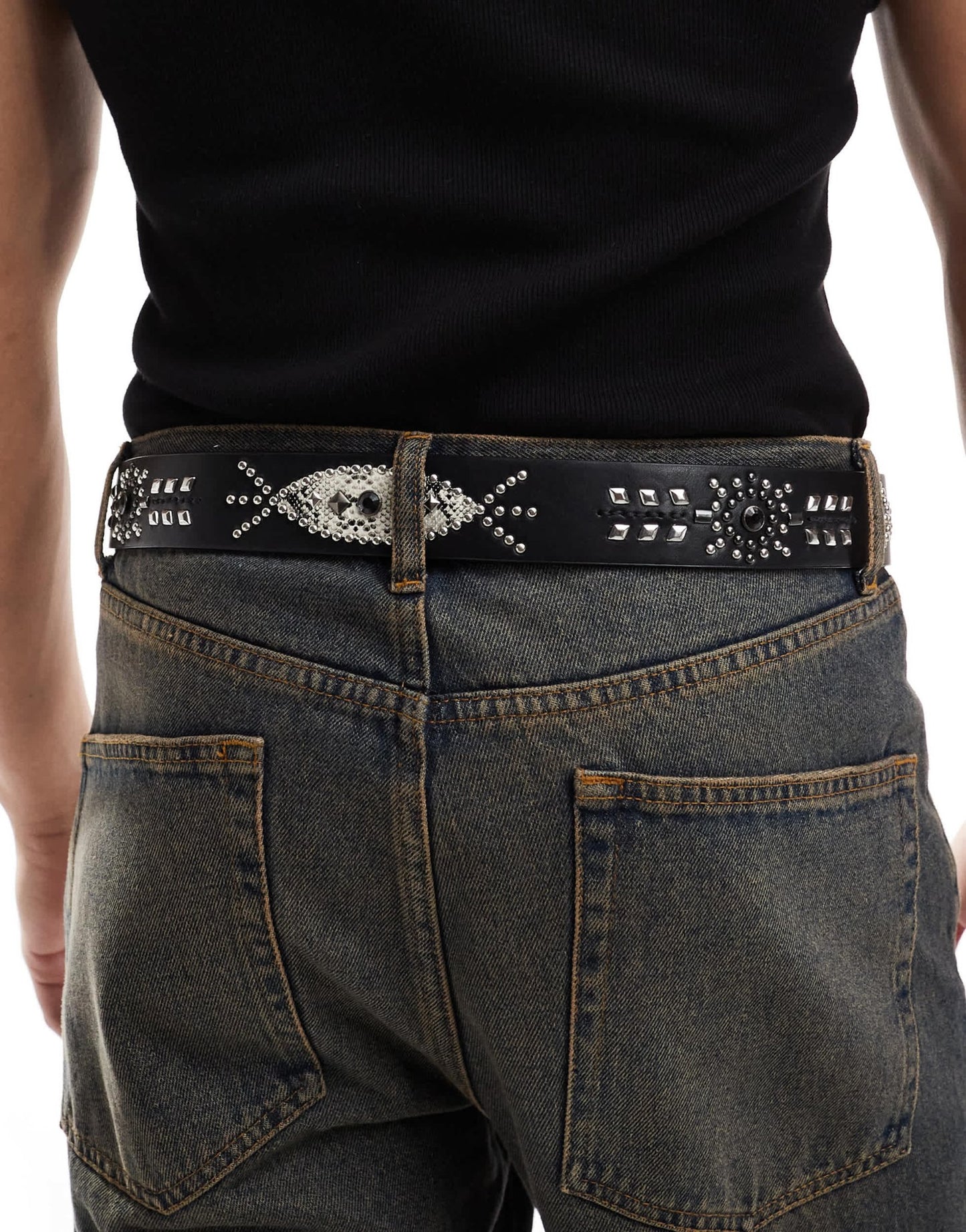 ASOS DESIGN faux leather belt with stud pattern and western buckle in black - ASOS Sample Sale EU Store