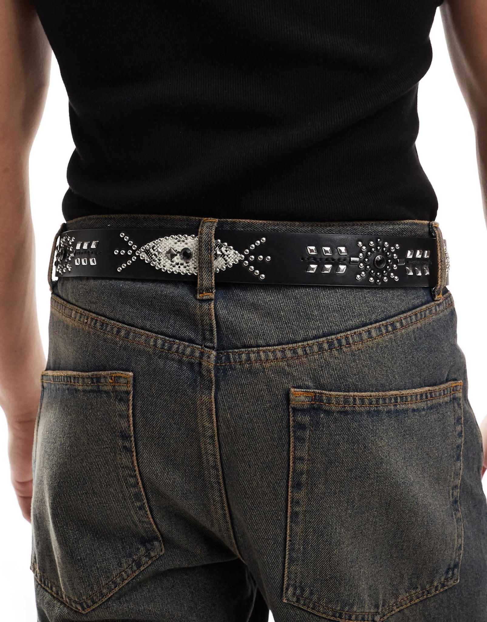 ASOS DESIGN faux leather belt with stud pattern and western buckle in black - ASOS Sample Sale EU Store