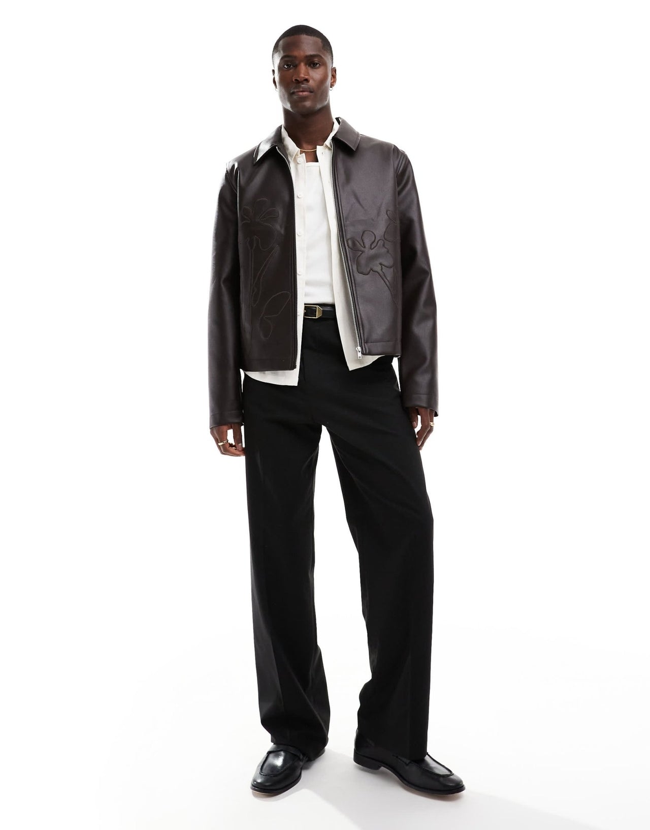 ASOS DESIGN faux leather cropped harrington jacket with floral debossing in brown - ASOS Sample Sale EU Store