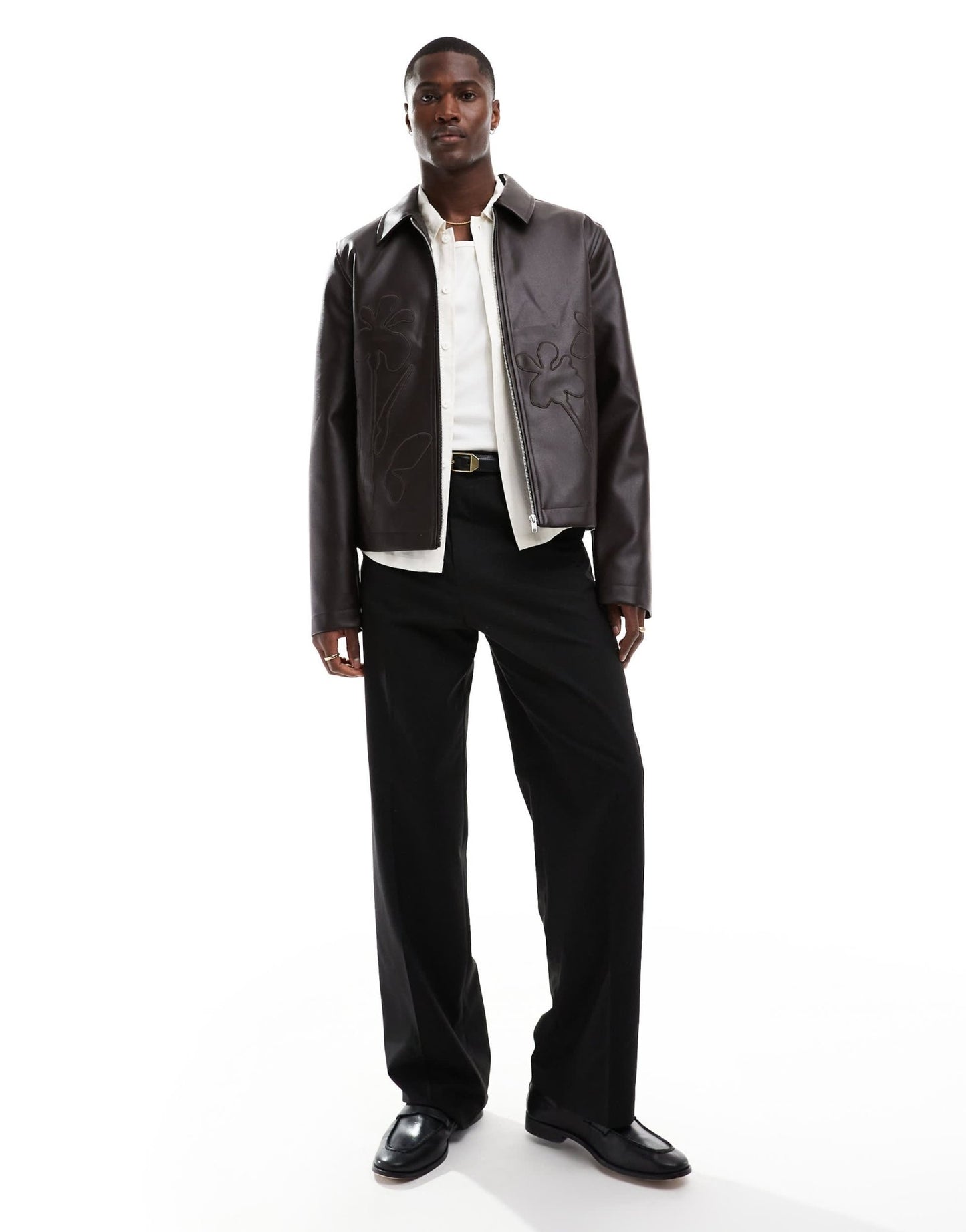 ASOS DESIGN faux leather cropped harrington jacket with floral debossing in brown - ASOS Sample Sale EU Store
