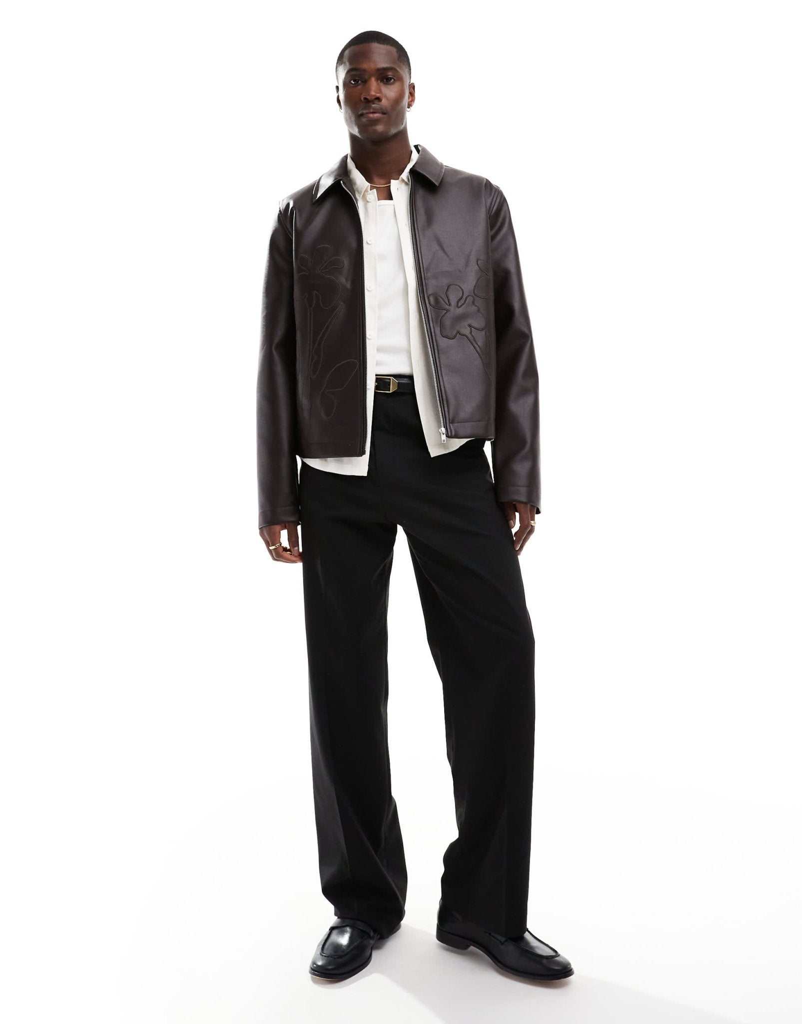 ASOS DESIGN faux leather cropped harrington jacket with floral debossing in brown - ASOS Sample Sale EU Store