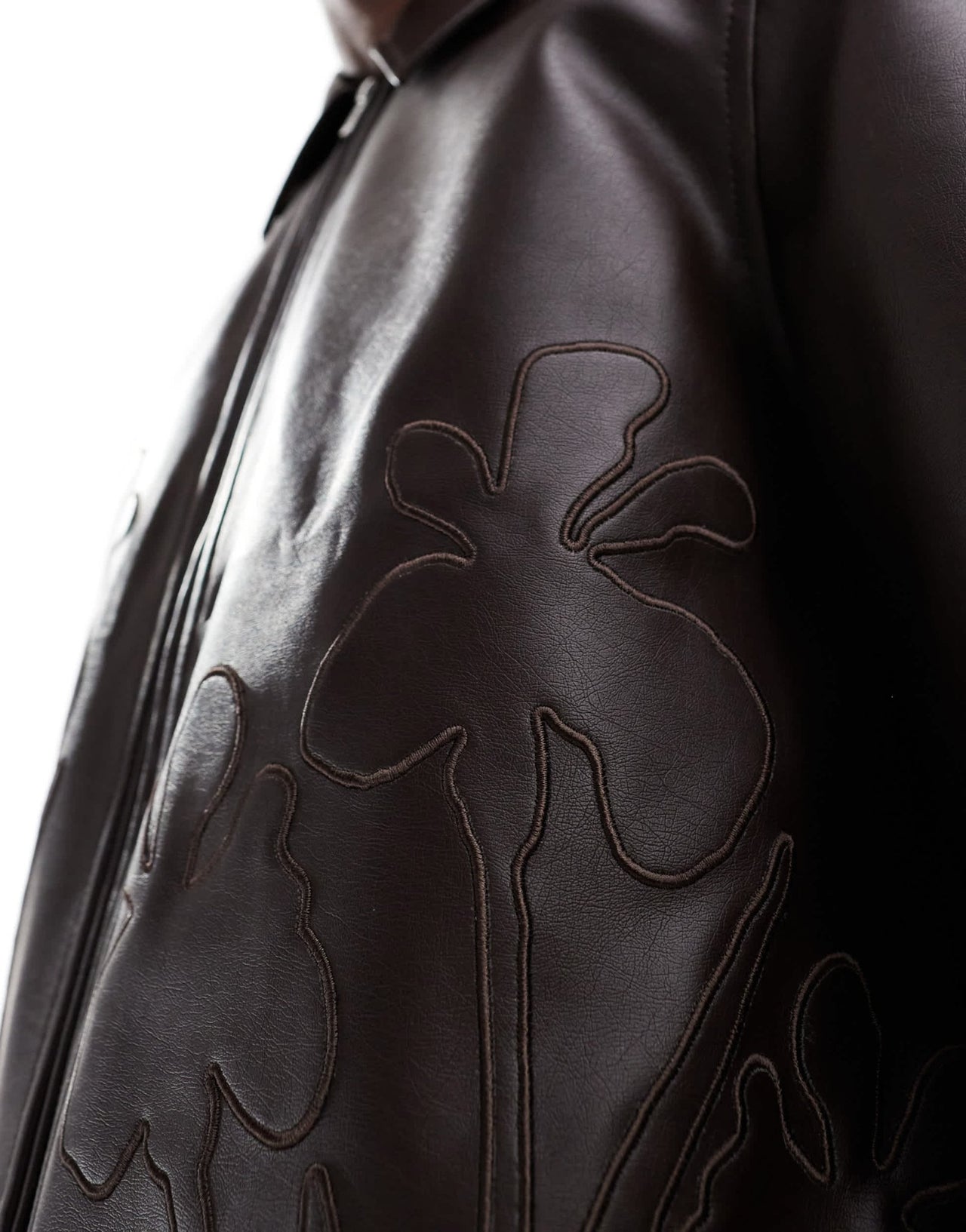 ASOS DESIGN faux leather cropped harrington jacket with floral debossing in brown - ASOS Sample Sale EU Store