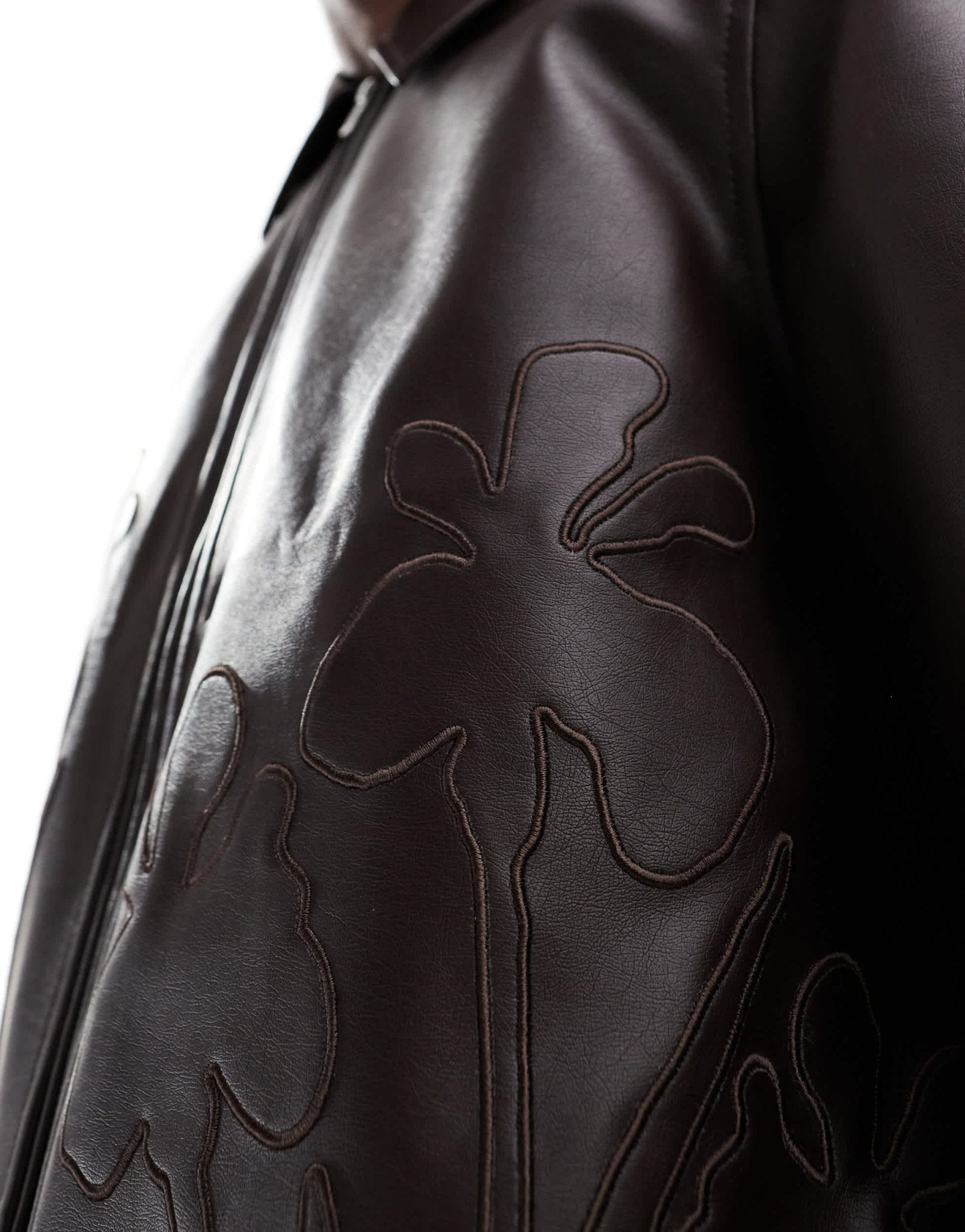 ASOS DESIGN faux leather cropped harrington jacket with floral debossing in brown - ASOS Sample Sale EU Store